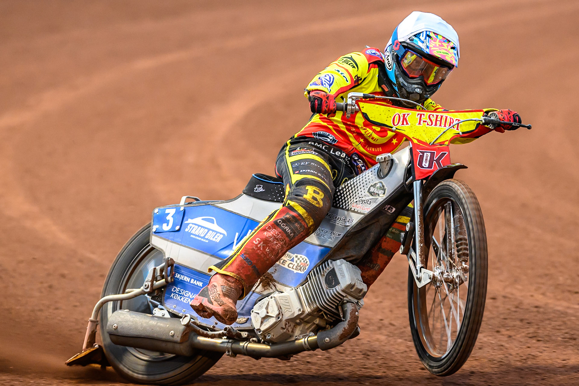 Birmingham Brummies' Jonas Jeppesen  in action during the Rowe Motor Oil Premiership match between Belle Vue Aces and Birmingham Brummies at the National Speedway Stadium, Manchester on Monday 7th July 2025. (Photo: Ian Charles | MI News)