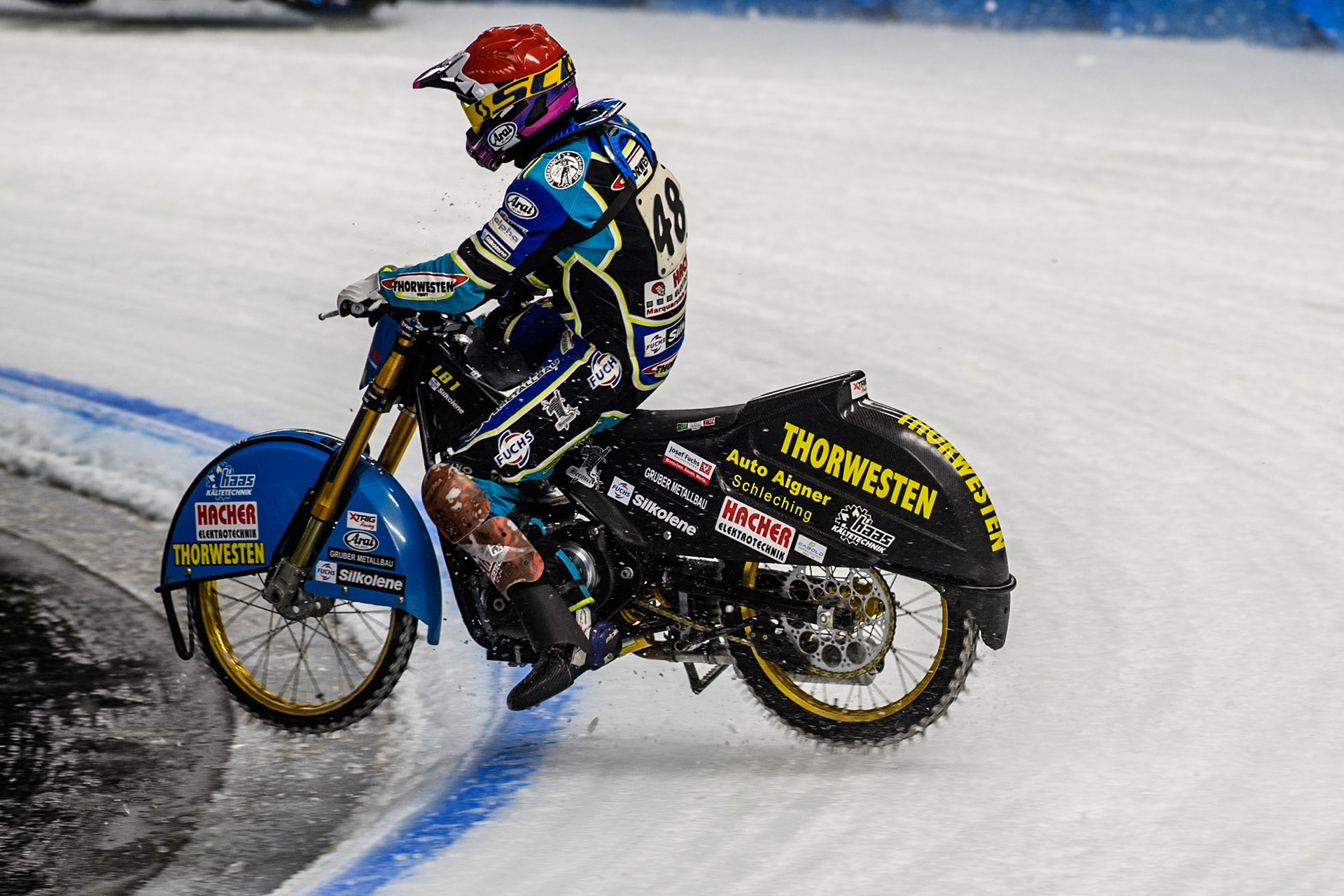 Luca Bauer (48) of Germany spins and leaves the track during the Ice Speedway Gladiators World Championship Final 1 at Max-Aicher-Arena, Inzell on Saturday 15th March 2025. (Photo: Ian Charles | MI News)