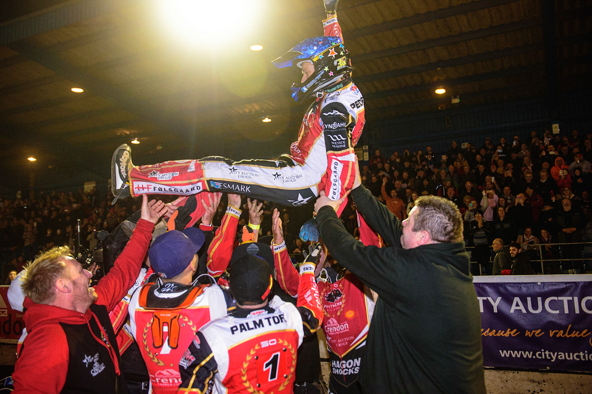 PETERBOROUGH, UK. OCT 14TH Bjarne Pedersen  is given the bumps  during the SGB Premiership Grand Final 2nd leg between Peterborough and Belle Vue Aces at East of England Showground, Peterborough on Thursday 14th October 2021. (Credit: Ian Charles | MI News)