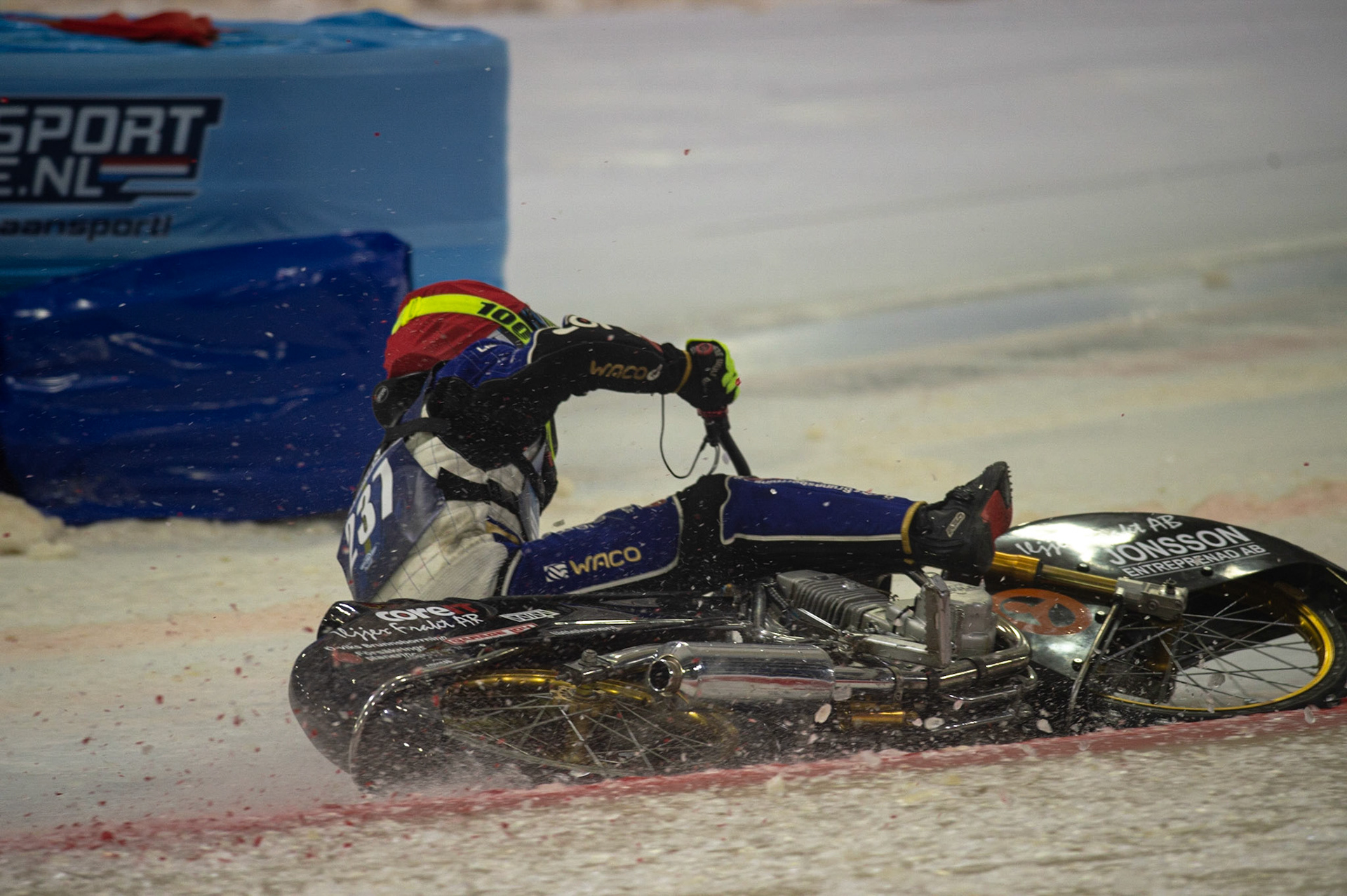 Jimmy Hörrnell (237)  crashes in heat 7 HEERENVEEN, NL. during the FIM Ice Speedway Gladiators World Championship Final 3 at Ice Rink Thialf, Heerenveen on Saturday  2 April 2022. (Credit: Ian Charles | MI News)