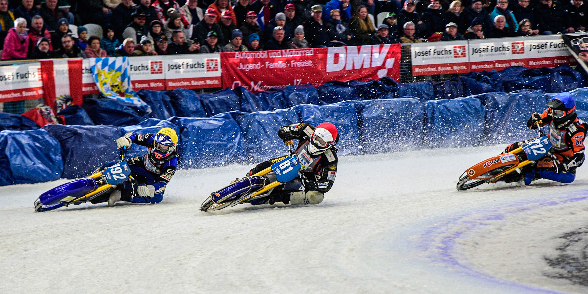 Jimmy Olsen (81) (Red) leads Niclas Svensson (192) (Yellow) and Lukas Hutla (212) (Blue) during the Ice Speedway Gladiators World Championship Final 2 at Max-Aicher-Arena, Inzell, Germany on Sunday 19th March 2023. (Photo: Ian Charles | MI News)