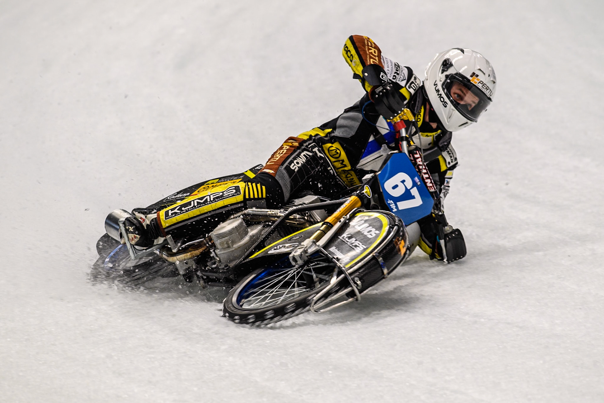 Heikki Huusko (67) of Finland in action during practice for  the Ice Speedway Gladiators World Championship Finals 1 &amp; 2 at Max-Aicher-Arena, Inzell on Friday 14th March 2025. (Photo: Ian Charles | MI News)