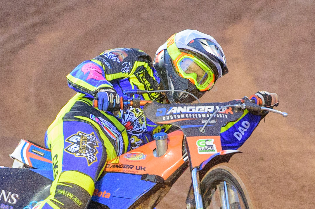MANCHESTER, UK.  MAR 28TH.  Stefan Nielsen of Sheffield  in action  during the SGB Premiership League Cup match between Belle Vue Aces and Sheffield Tigers at the National Speedway Stadium, Manchester on Monday 28th March 2022. (Credit: Ian Charles | MI News)