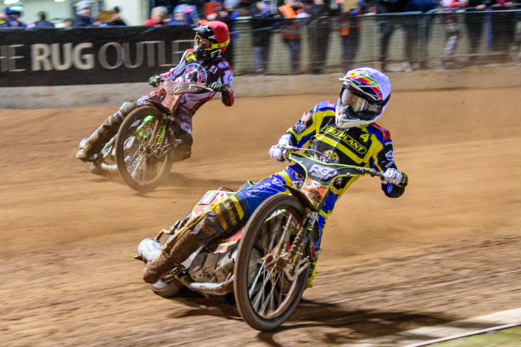 David Bellego  (White) leads Charles Wright  (Red) during the SGB Premiership match between Belle Vue Aces and Sheffield Tigers at the National Speedway Stadium, Manchester on Monday 27th March 2023. (Photo: Ian Charles | MI News)