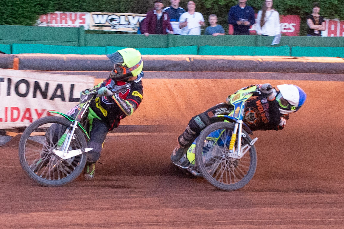 Photo by Ian Charles:

Nikolaj Busk-Jakobsen  (Yellow) leads Kyle Howarth   (Blue)

Wolverhampton Wolves v Belle Vue Aces, British Speedway Premiership 5 August 2019