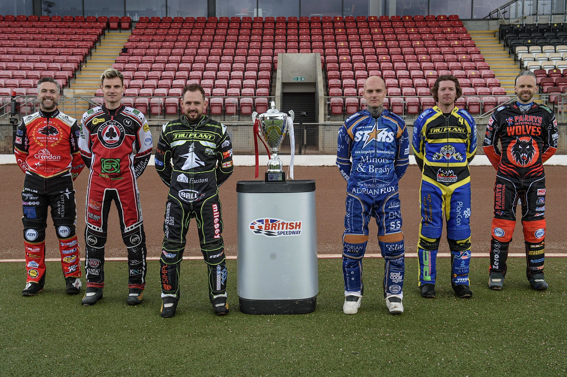 Photo: Ian CharlesPremier League Captains: (l-r) Scott Nichols, Steve Worrall, Danny King, Lewis Kerr, Kyle Howarth, Rory SchleinDiscovery Networks Eurosport Speedway Season Launch, National Speedway Stadium, Manchester Wednesday  12  May  2021