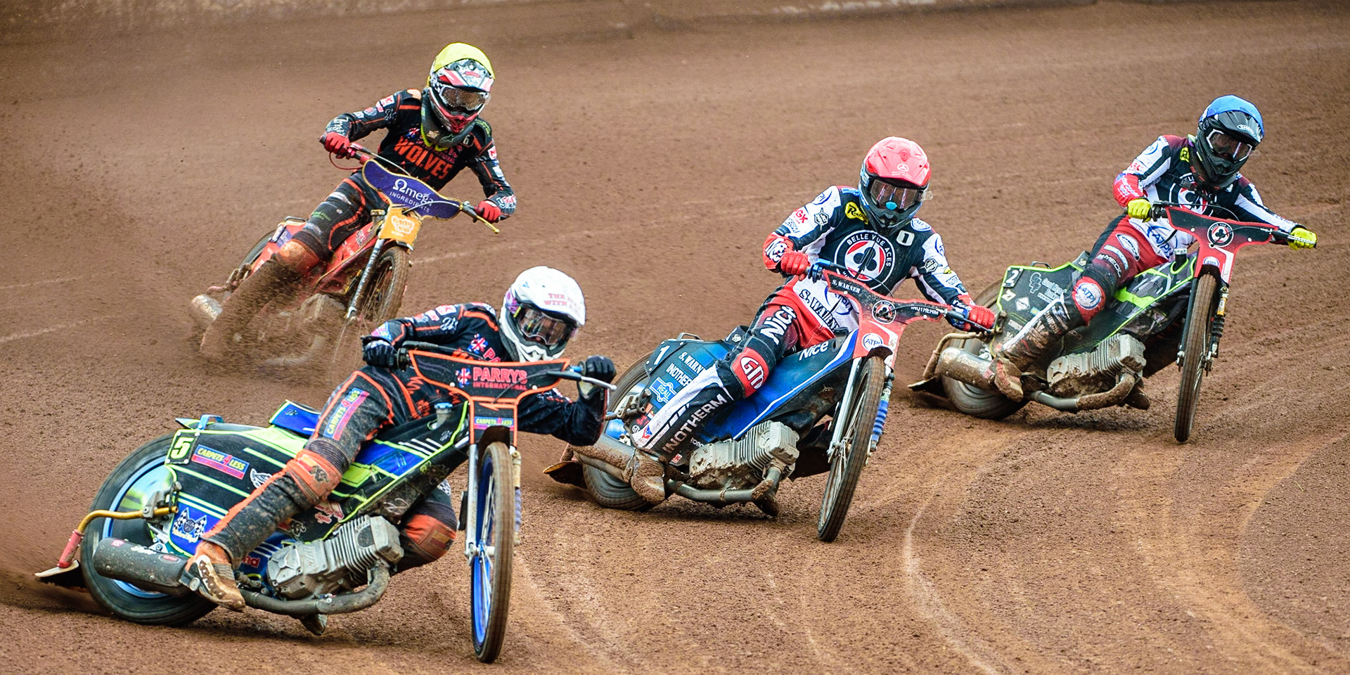 Nick Morris  (White) leads Matej Zagar  (Red), Tom Brennan  (Blue) and Drew Kemp  (Yellow) during the SGB Premiership match between Belle Vue Aces and Wolverhampton Wolves at the National Speedway Stadium, Manchester on Monday 29th August 2022. (Credit: Ian Charles | MI News)