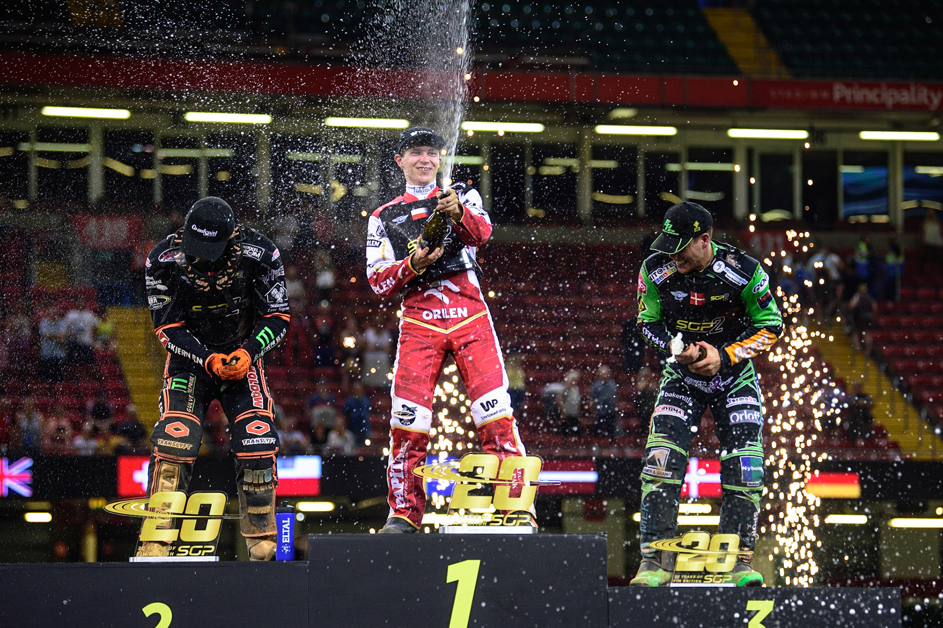 Champagne celebrations during the FIM  Speedway Grand Prix  2 of Great Britain at the Principality Stadium, Cardiff on Sunday 14th August 2022. (Credit: Ian Charles | MI News)