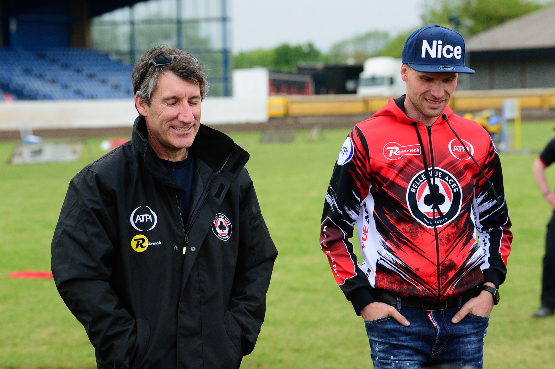 PETERBOROUGH, UK. MAY 9TH  Mark Lemon  (left) with Matej Žagar  after their track walk during the SGB Premiership match between Peterborough Panthers and Belle Vue Aces at East of England Showground, Peterborough on Monday 9th May 2022. (Credit: Ian Charles | MI News)