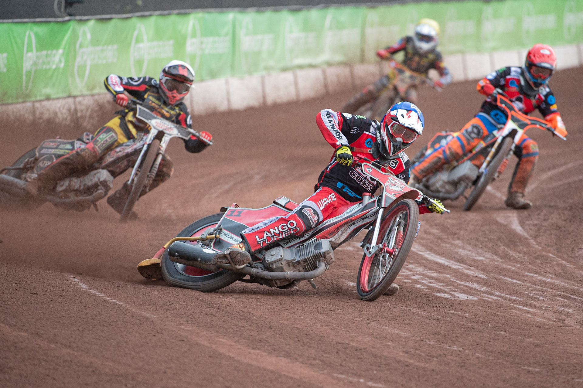 Photo: Ian Charles

Belle Vue Colts  Connor Bailey  (Blue) leads Jordan Palin  (Red) Joe Lawlor  (White) and Dan Thomson  (Yellow)

Belle Vue Colts v Leicester Cubs, SGB National League, Belle Vue National Speedway Stadium, Manchester, Thursday 8  August  2019