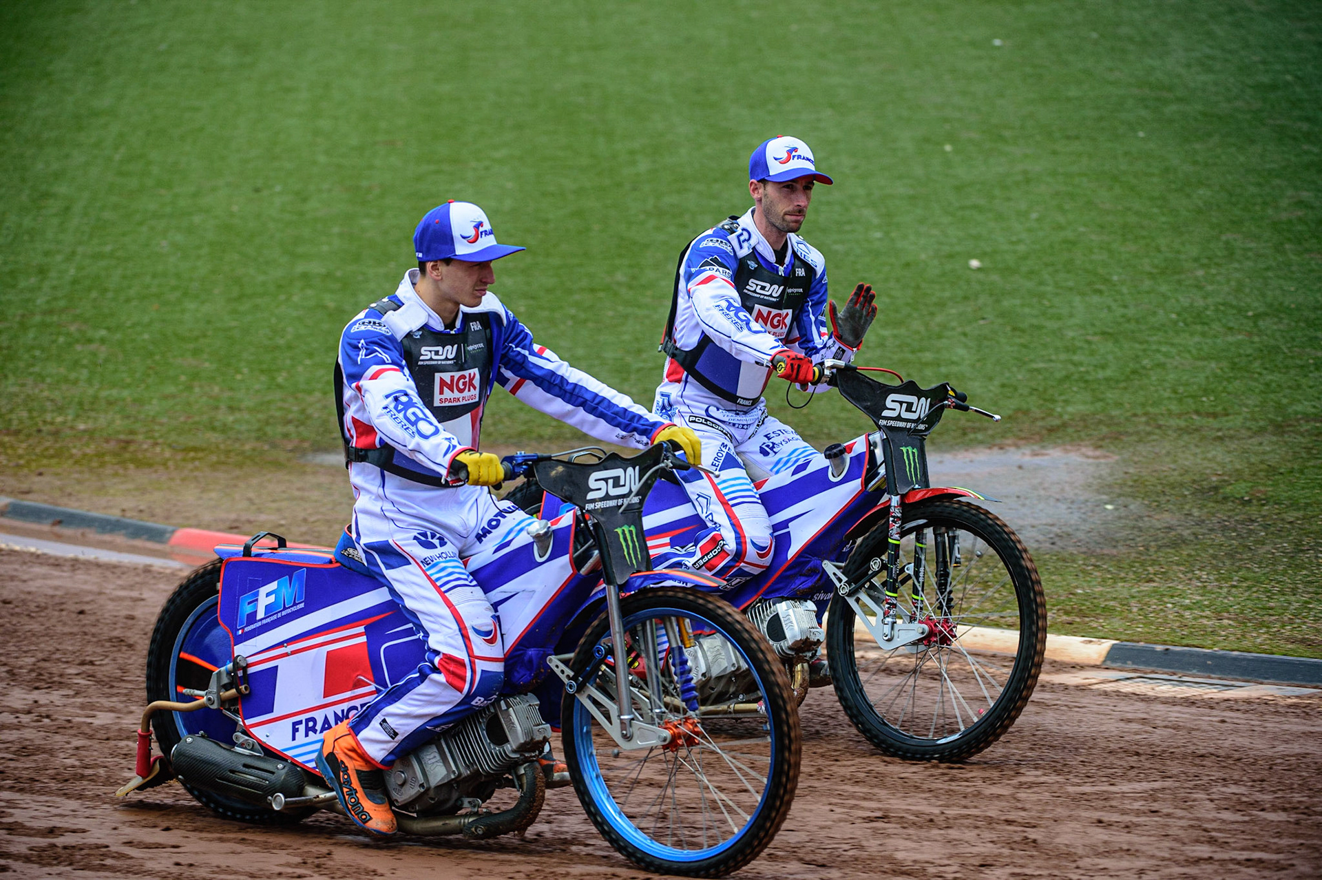 MANCHESTER, UK. OCT 17TH The French riders on the parade during the Monster Energy FIM Speedway of Nations at the National Speedway Stadium, Manchester on Sunday  17th October 2021. (Credit: Ian Charles | MI News)