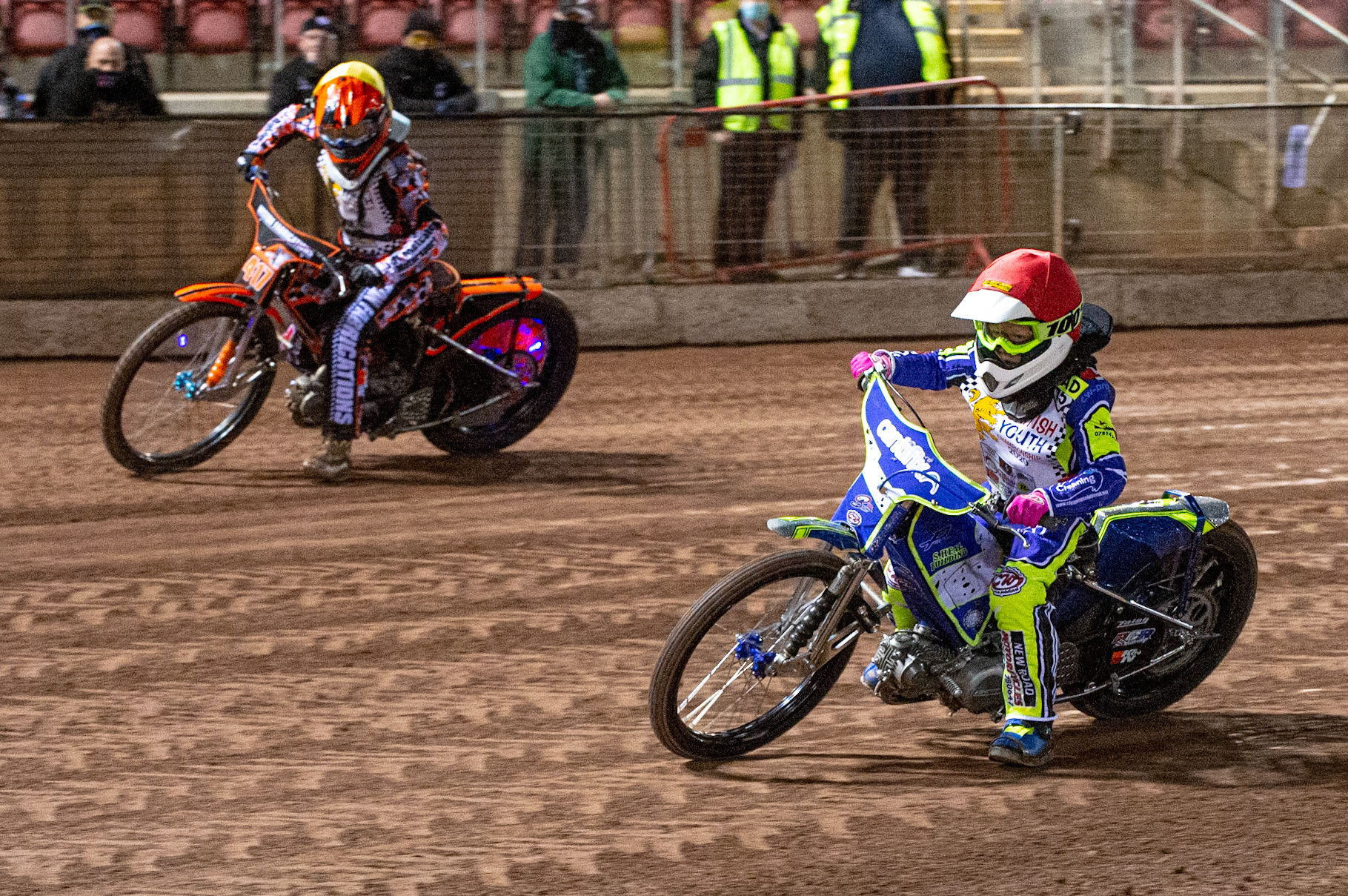 Photo: Ian CharlesOliver Bovington (Red) passes Becky Weston (Yellow) (125cc B Class)British Youth Speedway Championship (Round 5), National Speedway Stadium, Manchester Saturday  10  October  2020