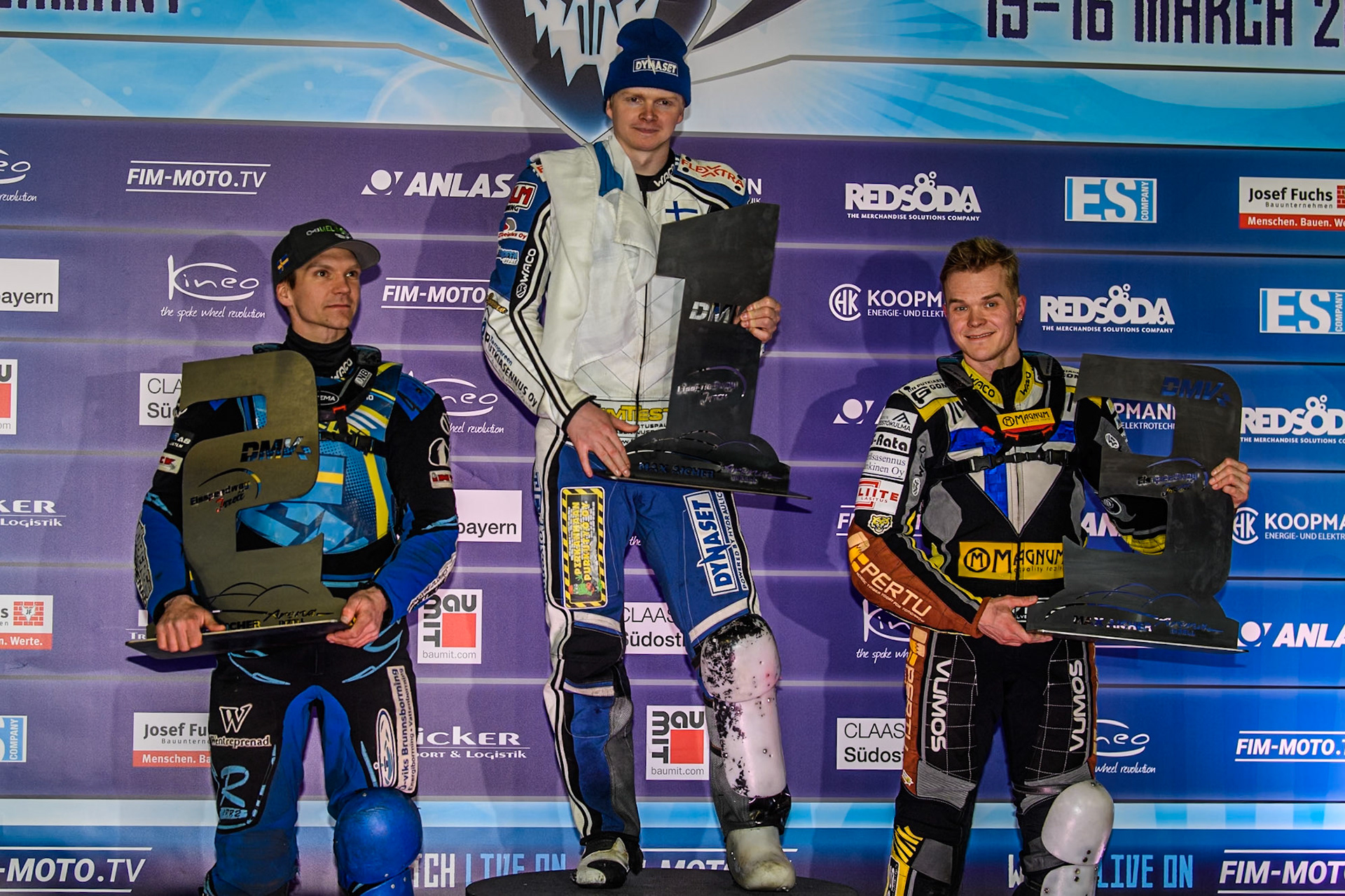 Saturday’s Top 3: (L to R) Niclas Svensson (2nd), Max Koivula (24) (Winner), Heikki Huusko (3rd) during the Ice Speedway Gladiators World Championship Final 1 at Max-Aicher-Arena, Inzell on Saturday 15th March 2025. (Photo: Ian Charles | MI News)
