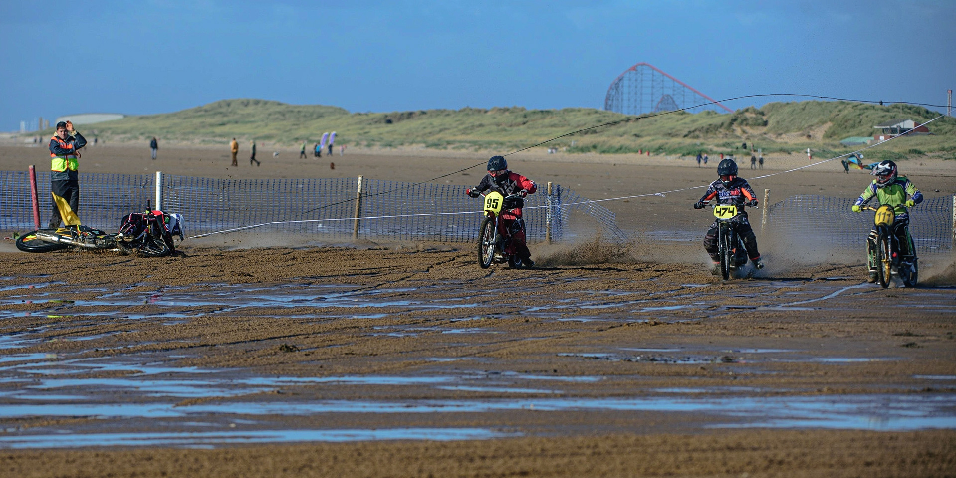 Paul Bowen (67) falls at the start after the starting gate malfunction during the Fylde ACU British Sand Racing Masters Championship on  Sunday 2nd October 2022. (Credit: Ian Charles | MI News)