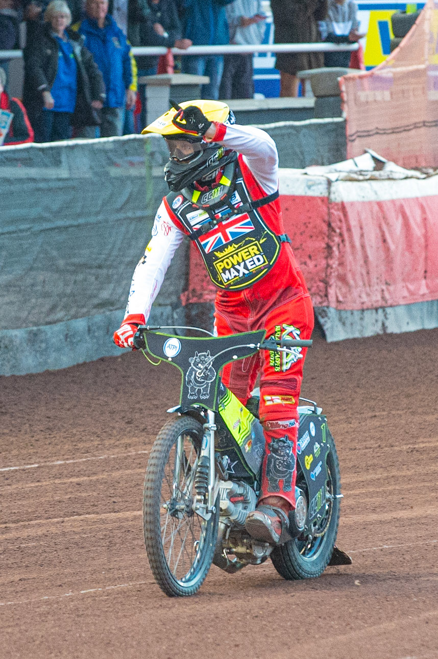 Photo by Ian Charles:

Craig Cook celebrates his win waving to the crowd 

FIM Speedway Grand Prix World Championship - Qualifying Round 1, Peugeot Ashfield Stadium, Glasgow, 8 June 2019