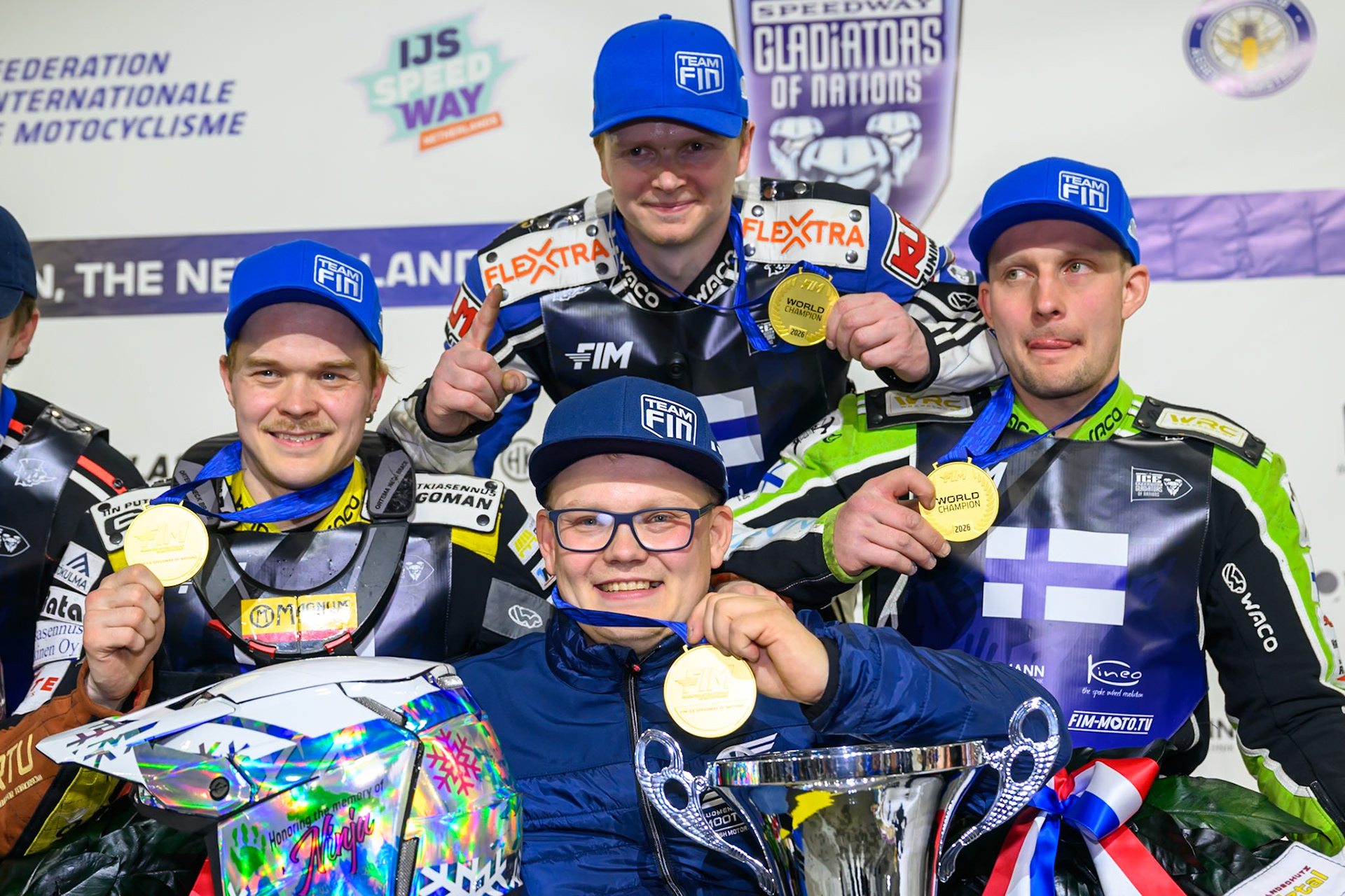 The Victorious Finnish team - World Champions: Clockwise from top: Max Koivula, Arttu Lehitinen, Aki-Pekka Mustonen, Team Manager and Heikki Huusko during the FIM Ice Speedway Of Nations at Ice Rink Thialf, Heerenveen on Sunday 12th April 2026. (Photo: Ian Charles | MI News)