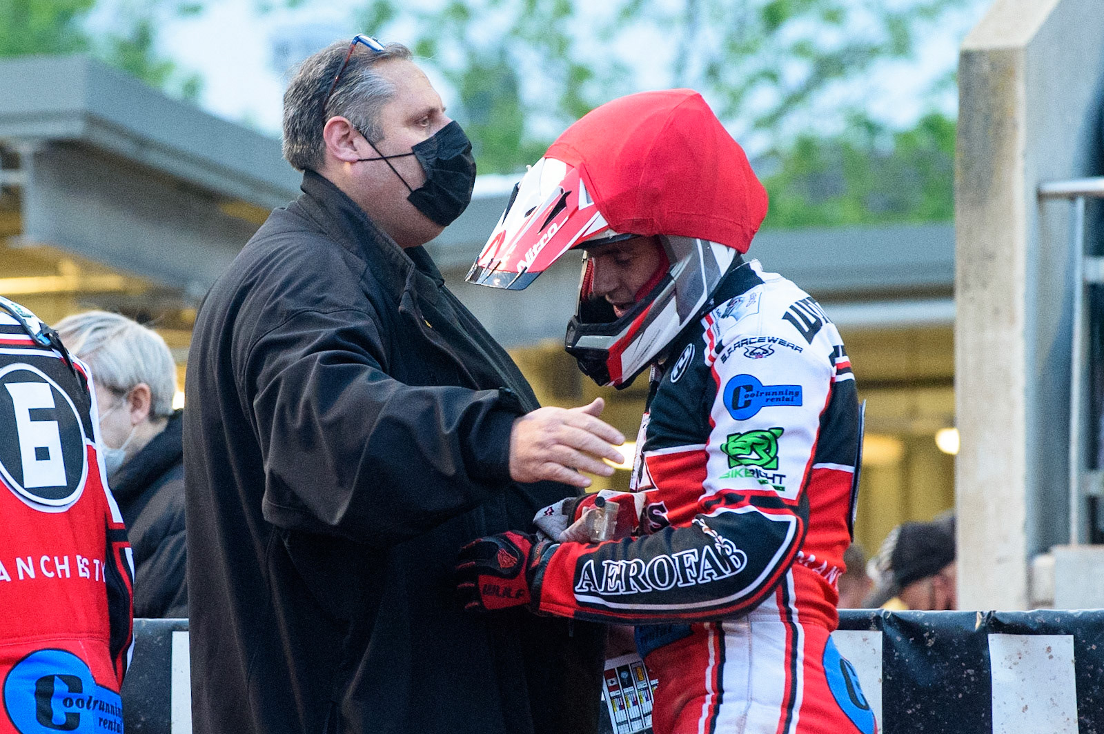 MANCHESTER, UK. MAY 28TH  Steve Williams, Joint Manager of Belle Vue Cool Running Colts congratulates Ben Woodhull  during the SGB National Development League match between Belle Vue Colts and Berwick Bullets at the National Speedway Stadium, Manchester on Friday 28th May 2021. (Credit: Ian Charles | MI News)