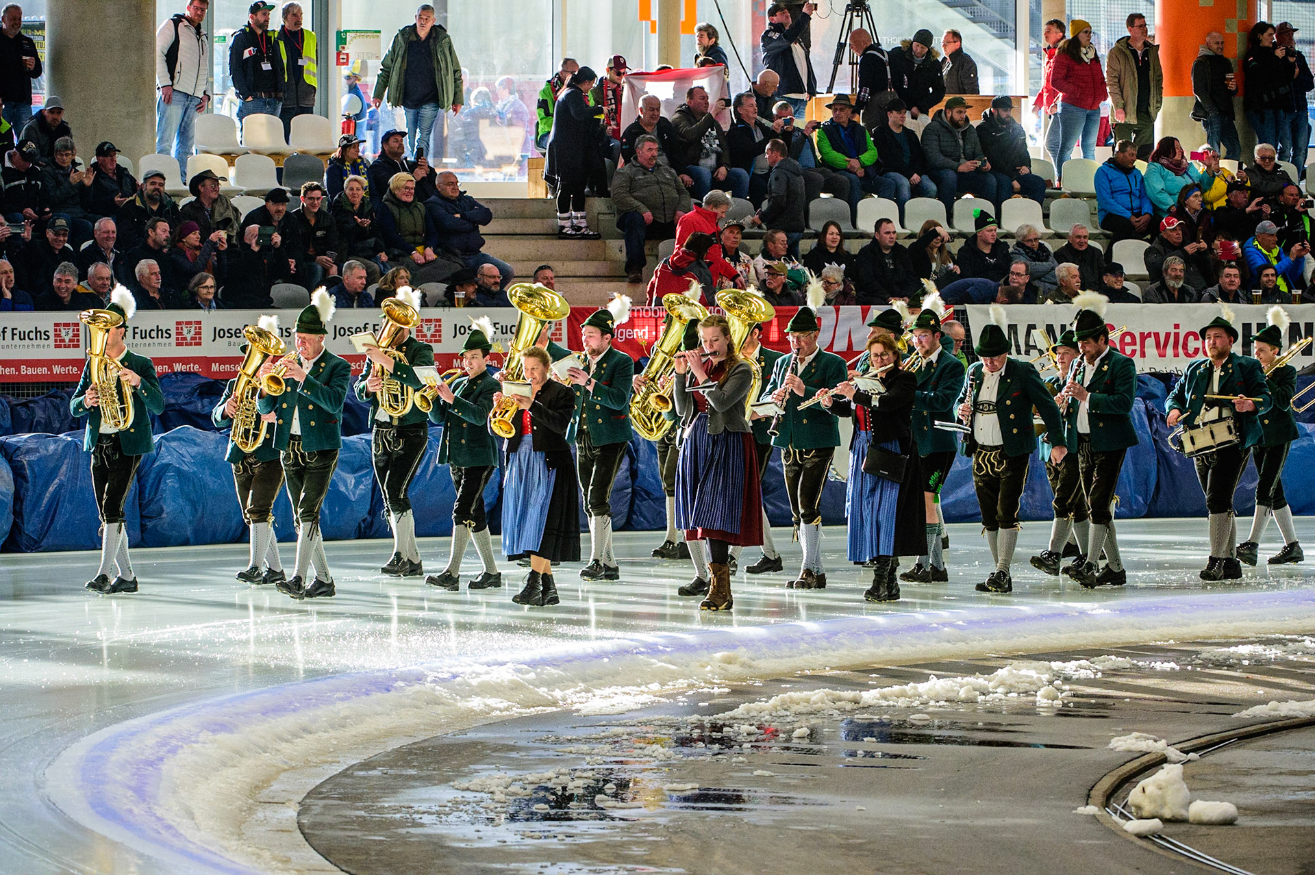 The Band leading the parade riders during the Ice Speedway Gladiators World Championship Final 1 at Max-Aicher-Arena, Inzell, Germany on Saturday 18th March 2023. (Photo: Ian Charles | MI News)