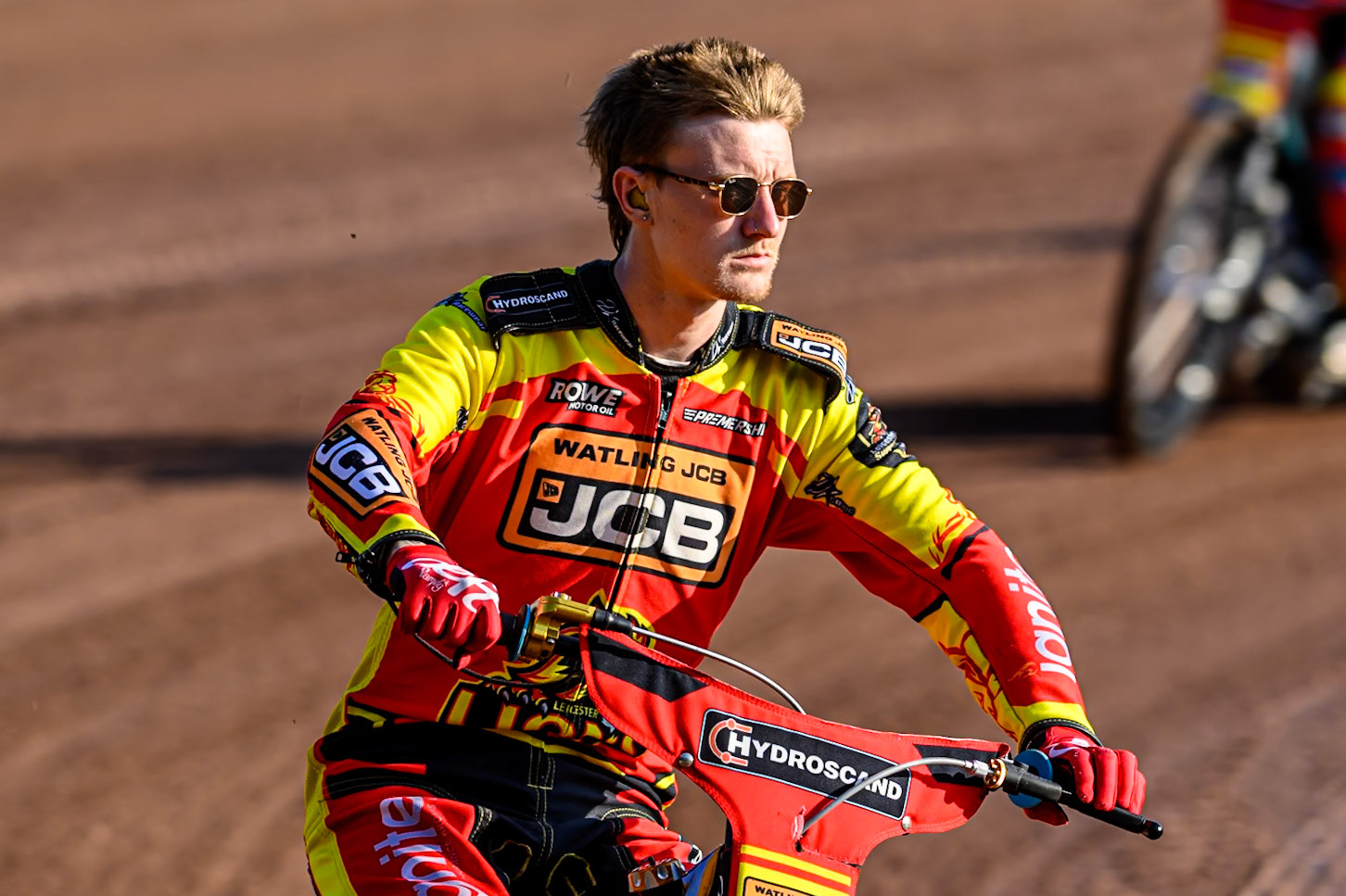 Leicester Lions' Drew Kemp on the parade lap during the Rowe Motor Oil Premiership match between Leicester Lions and Belle Vue Aces at the Hydroscand Arena, Leicester on Thursday 19th June 2025. (Photo: Ian Charles | MI News)
