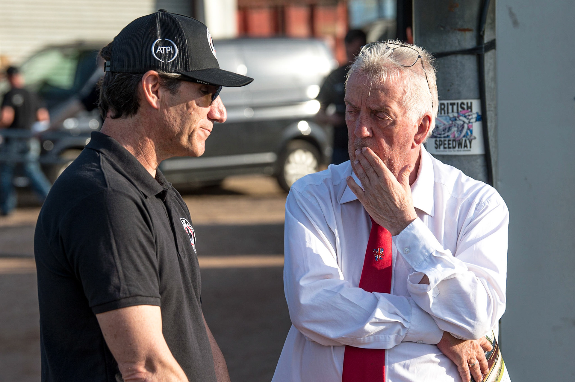WOLVERHAMPTON, UK. JUN 20TH  Belle Vue ATPI Aces  manager Mark Lemon  (left) with Wolverhampton Parrys International Wolves manager Pete Adams during the SGB Premiership match between Wolverhampton Wolves and Belle Vue Aces at Monmore Green Stadium, Wolverhampton on Monday 20th June 2022. (Credit: Ian Charles | MI News)