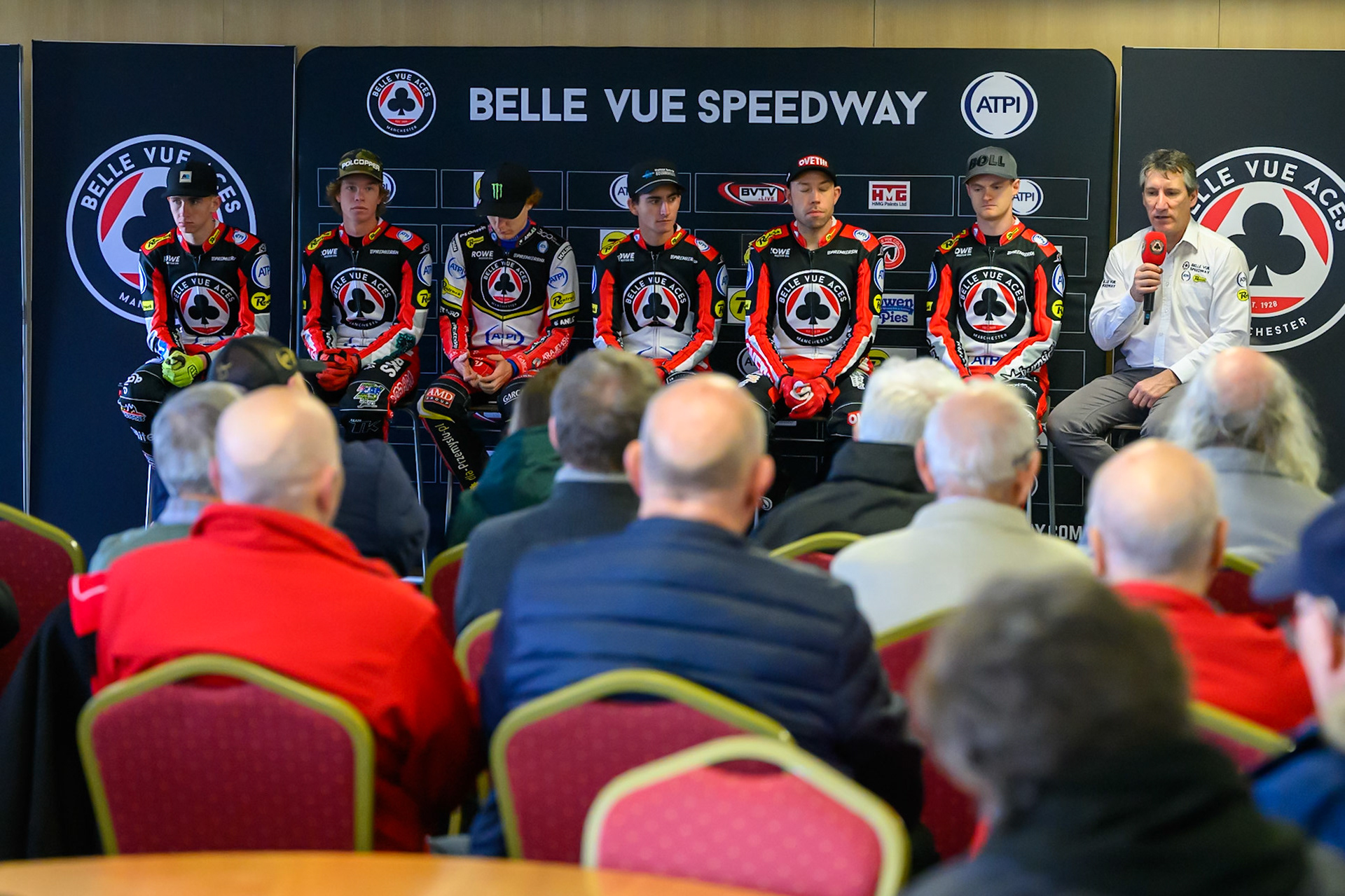 The Belle Vue riders face the fans and press during the Belle Vue Aces Media Day at the National Speedway Stadium, Manchester on Wednesday 11th March 2026. (Photo: Ian Charles | MI News)