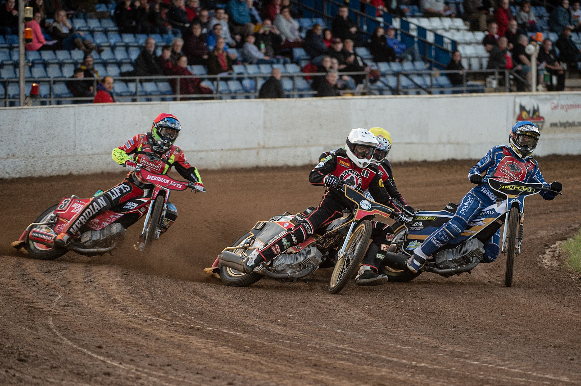 Photo by Ian Charles:

 Belle Vue Aces’ Max Fricke (White) leads Hans Andersen (Red) Ty Proctor (Blue) and Steve Worrall (Yellow) 

Peterborough Panthers v Belle Vue Aces, British Speedway Premiership, Thursday, 5, September, 2019