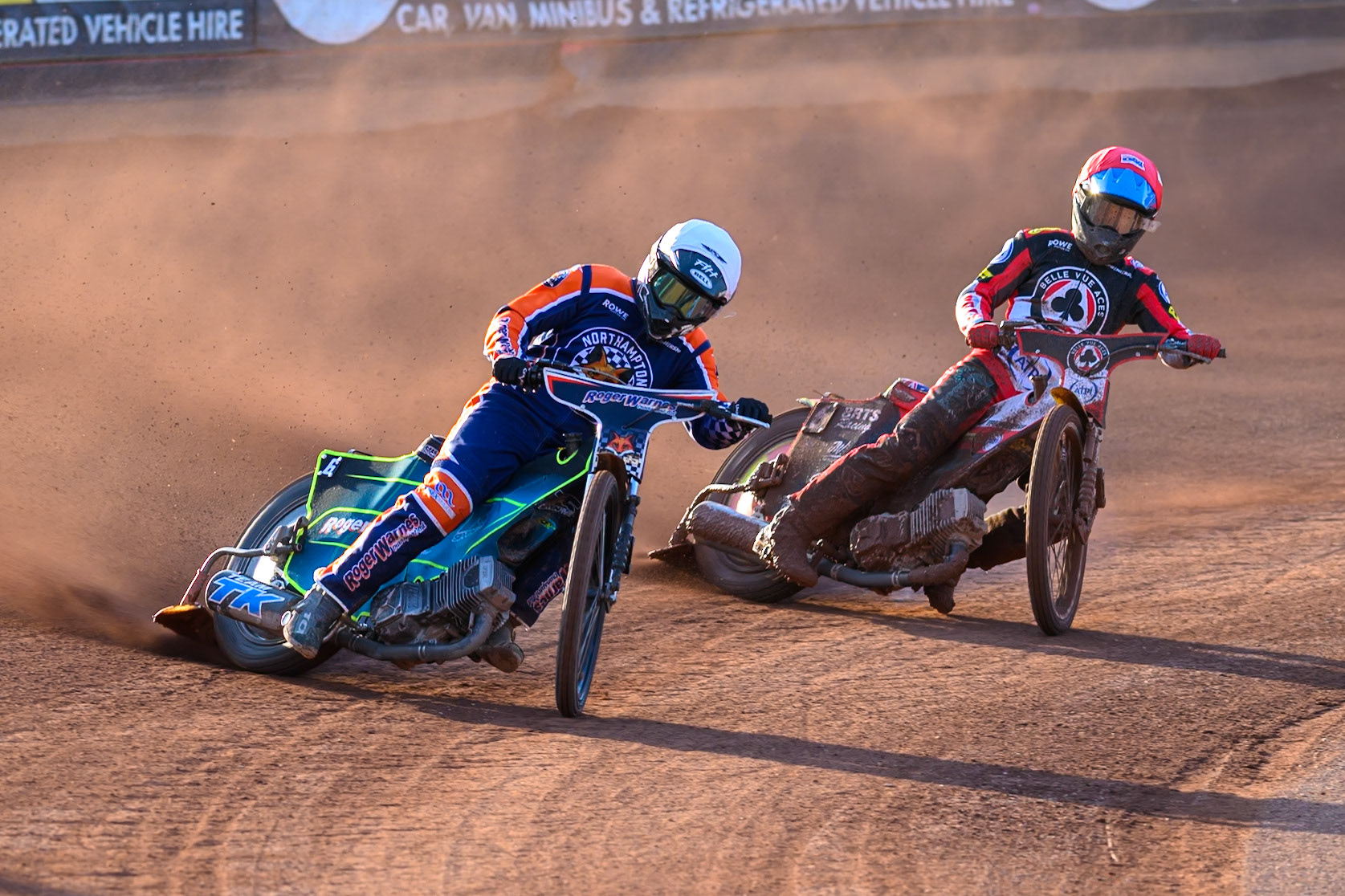Troy Batchelor of Northampton Foxes  in White leading Tate Zischke of Belle Vue Aces in Red during the Rowe Motor Oil Premiership match between Belle Vue Aces and Northampton Foxes at the National Speedway Stadium, Manchester on Monday 13th July 2026. (Photo: Ian Charles | MI News)