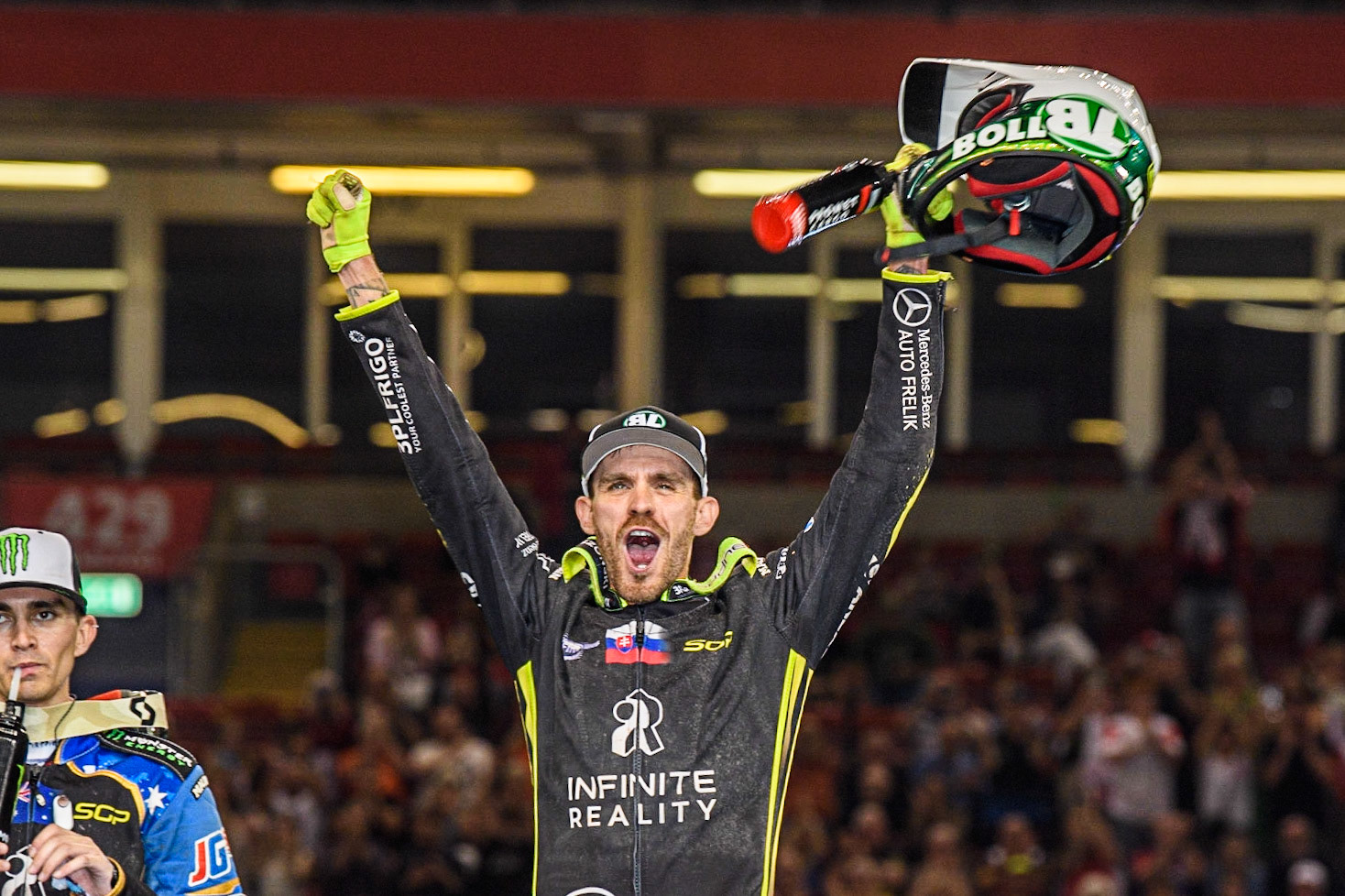 Martin Vaculik (54) celebrates his meeting win during the FIM Speedway Grand Prix of Great Britain at the Principality Stadium, Cardiff on Saturday 2nd September 2023. (Photo: Ian Charles | MI News)