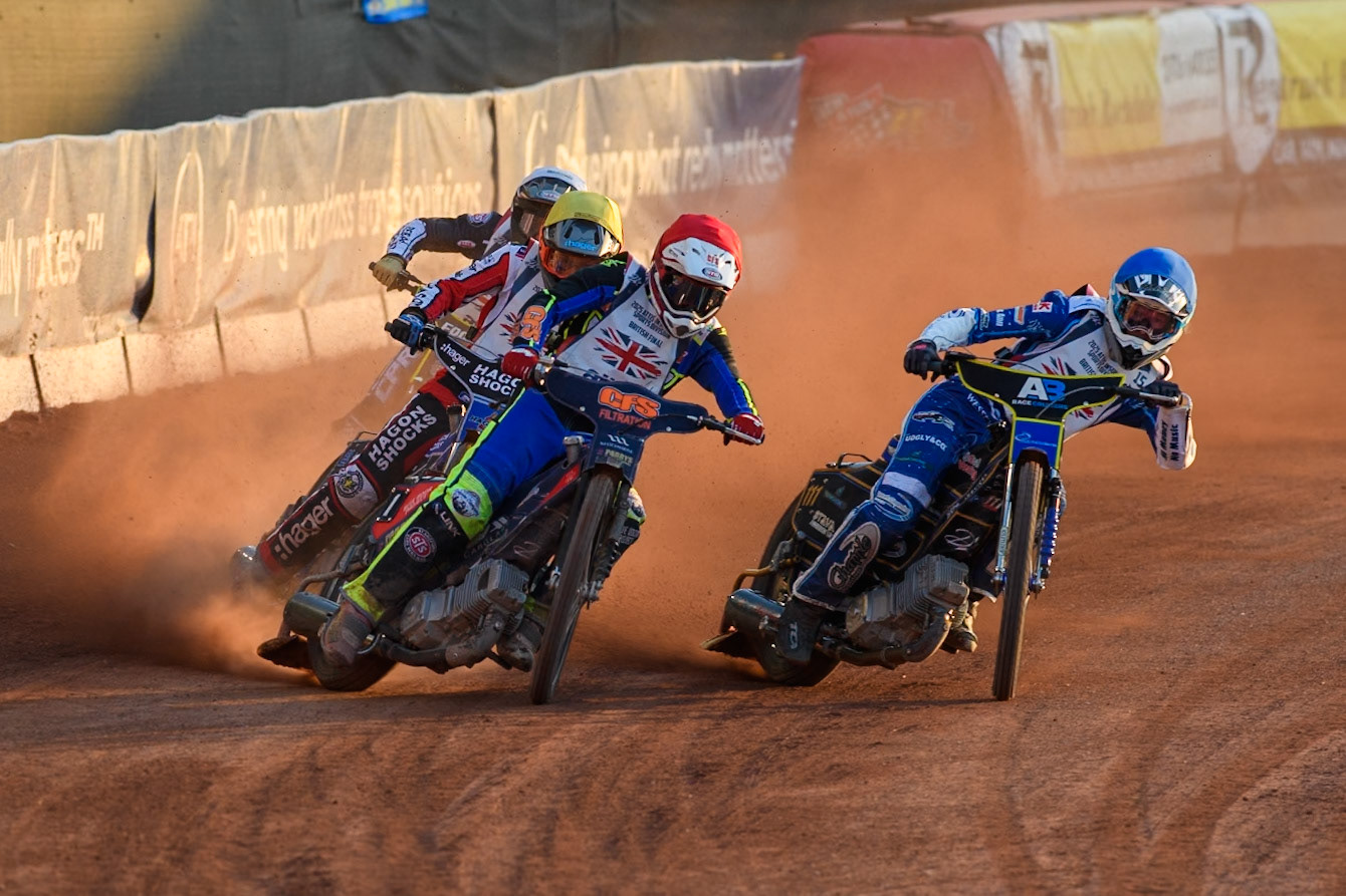 Steve Worrall in Red leading Anders Rowe in Blue, Jason Edwards in Yellow and Vinnie Foord in White during the Attis Insurance Sports Division British Final at the National Speedway Stadium, Manchester on Monday 12th May 2025. (Photo: Ian Charles | MI News)