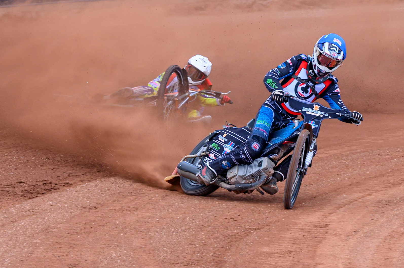 JR ASHWORTH &amp; SONS COLTS ACADEMY INDIVIDUALFreddy Hodder  in Blue leading Harry Fletcher  in White who slides off during the JR Ashworth &amp; Sons Colts Individual at the National Speedway Stadium, Manchester on Sunday 10th May 2026. (Photo: Ian Charles | MI News)