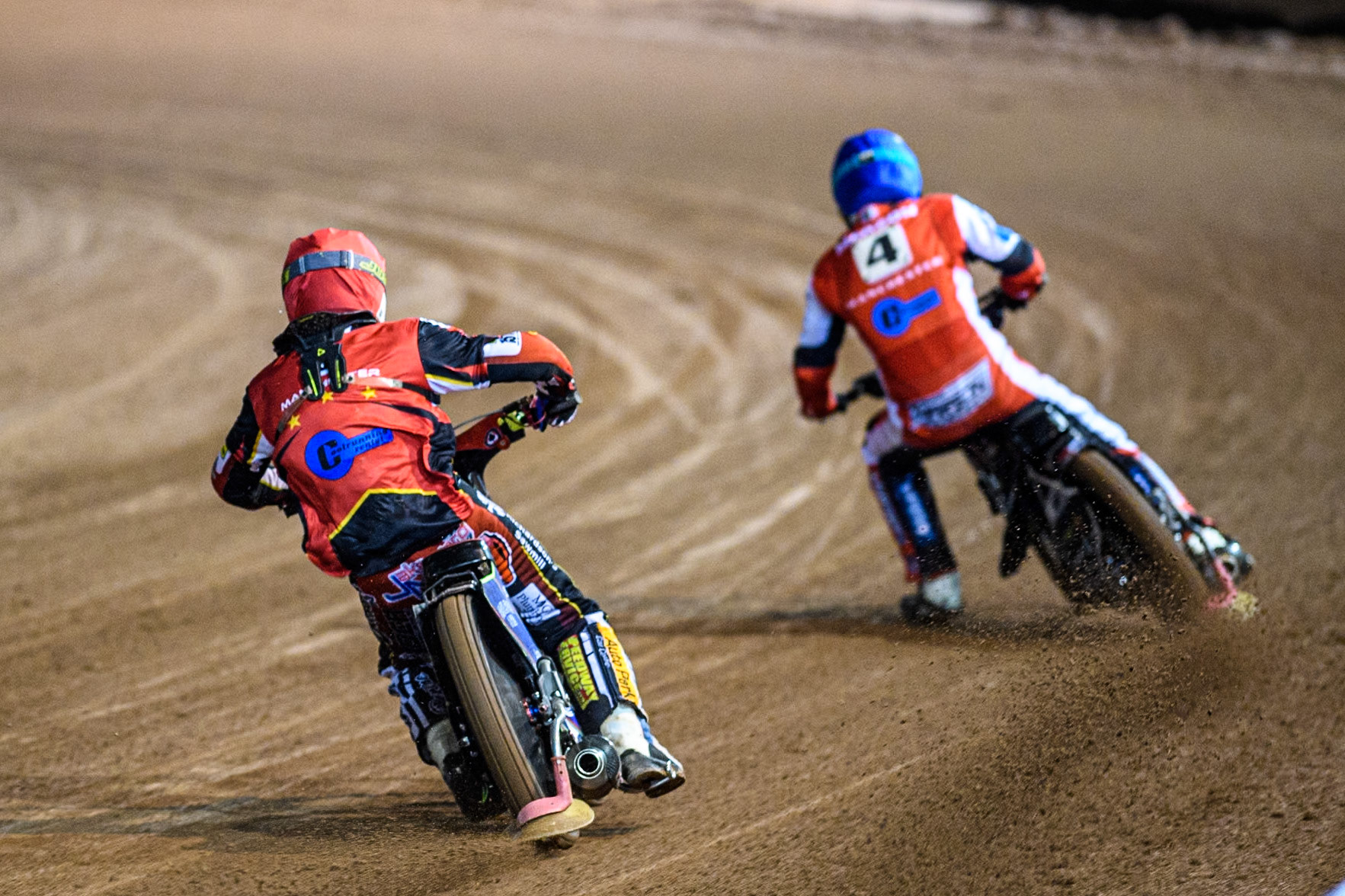 Belle Vue Colts' Guest Rider Jake Mulford in Red chases Belle Vue Colts' Matt Marson in Blue during the WSRA National Development League match between Belle Vue Colts and Sheffield Tiger Cubs at the National Speedway Stadium, Manchester on Monday 7th October 2024. (Photo: Ian Charles | MI News)