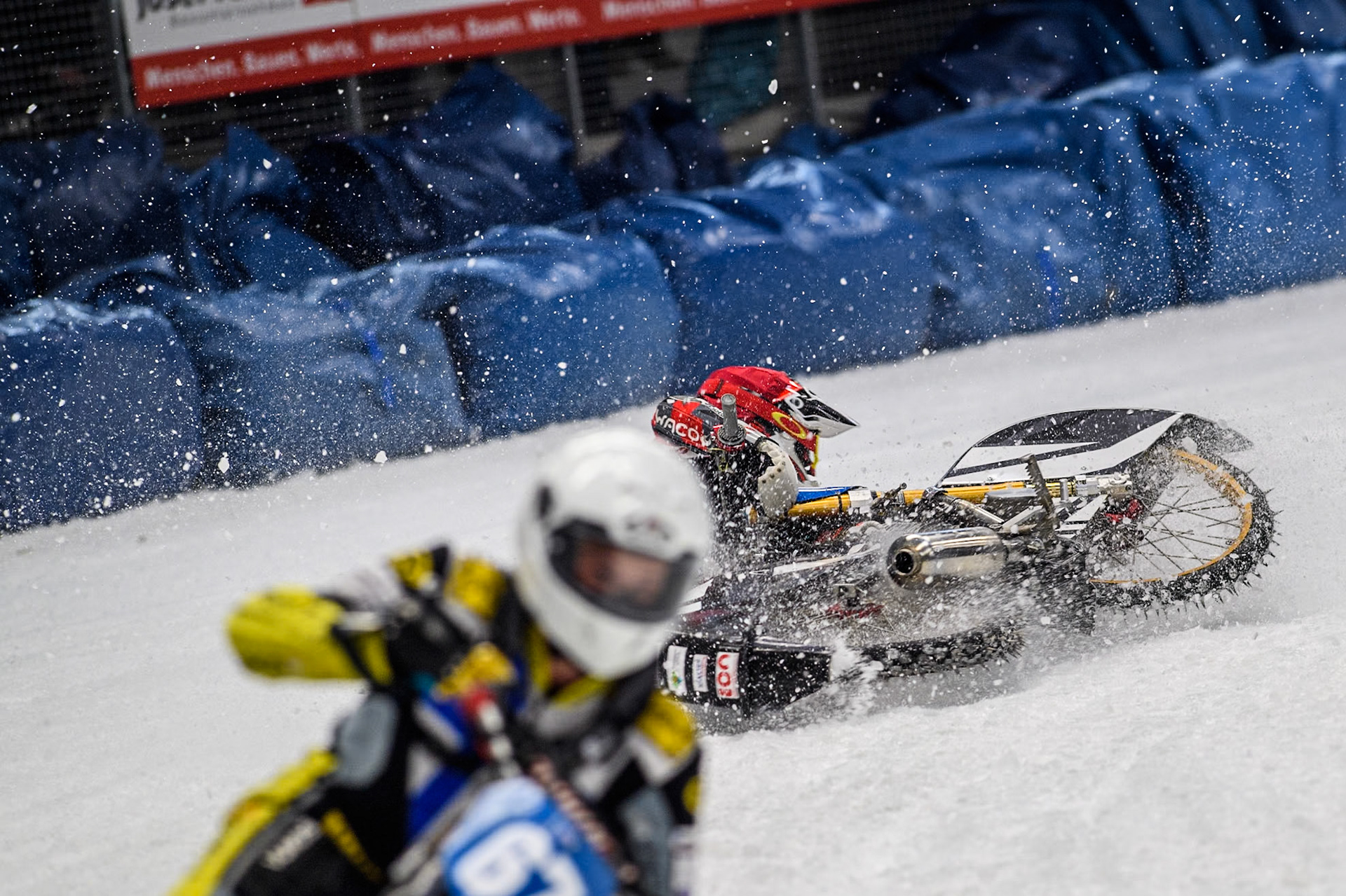 Austria's Charly Ebner (665) spins off during the FIM Ice Speedway Gladiators World Championship Final 2 at the Max-Aicher-Arena, Inzell on Sunday 24 March 2024. (Photo: Ian Charles | MI News)