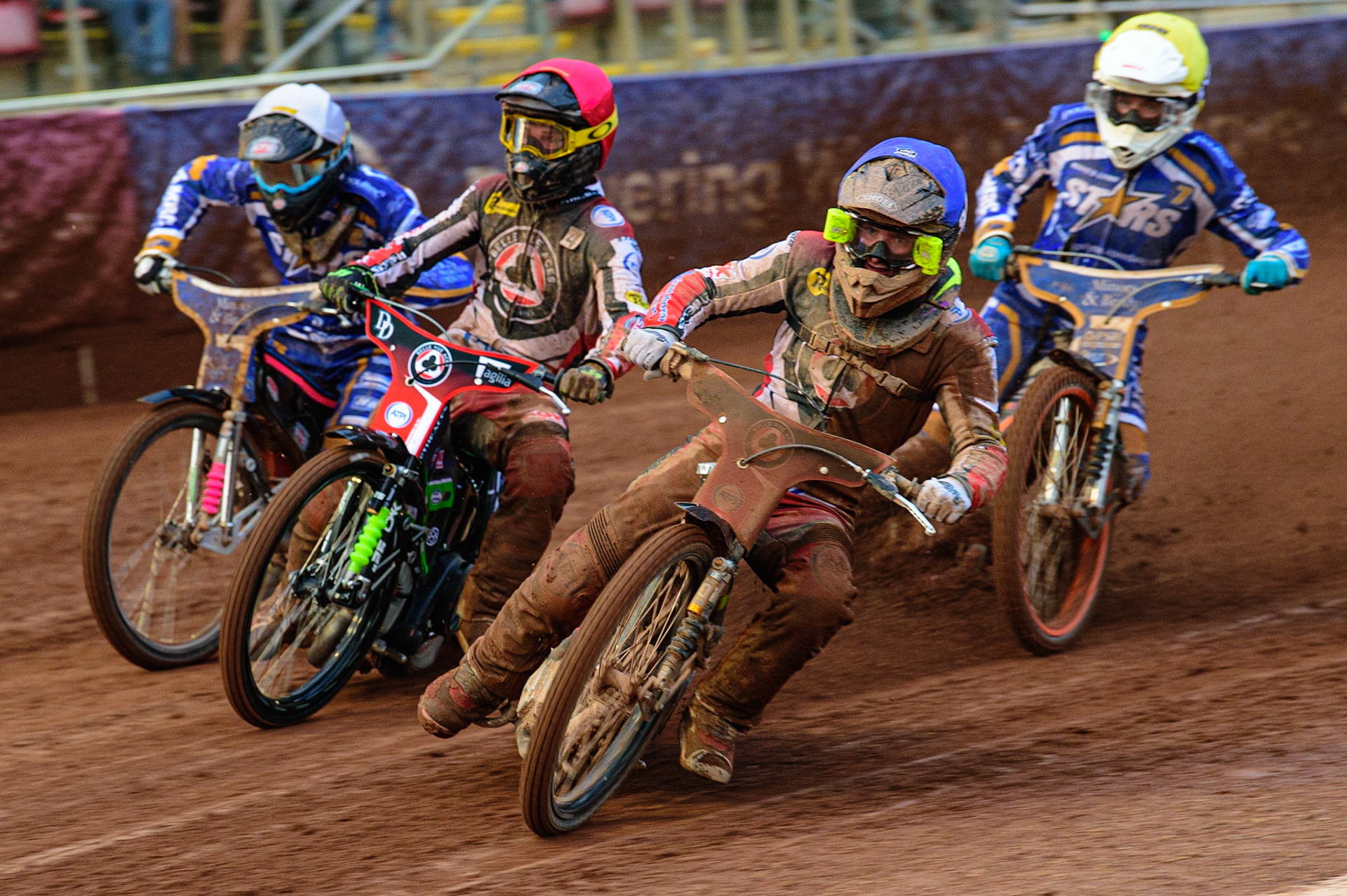 MANCHESTER, UK. MAY 16TH  Tom Brennan  (Blue) and Charles Wright  (Red) lead Jack Thomas  (Yellow) and Thomas Jorgensen  (White)during the SGB Premiership match between Belle Vue Aces and King's Lynn Stars at the National Speedway Stadium, Manchester on Monday 16th May 2022. (Credit: Ian Charles | MI News)