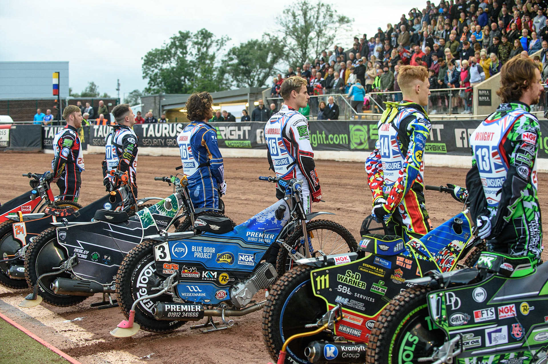 MANCHESTER, UK. AUGUST 16TH   The riders during the National Anthem during the Sports Insure British Speedway Finals at the National Speedway Stadium, Manchester on Monday 16th August 2021. (Credit: Ian Charles | MI News)