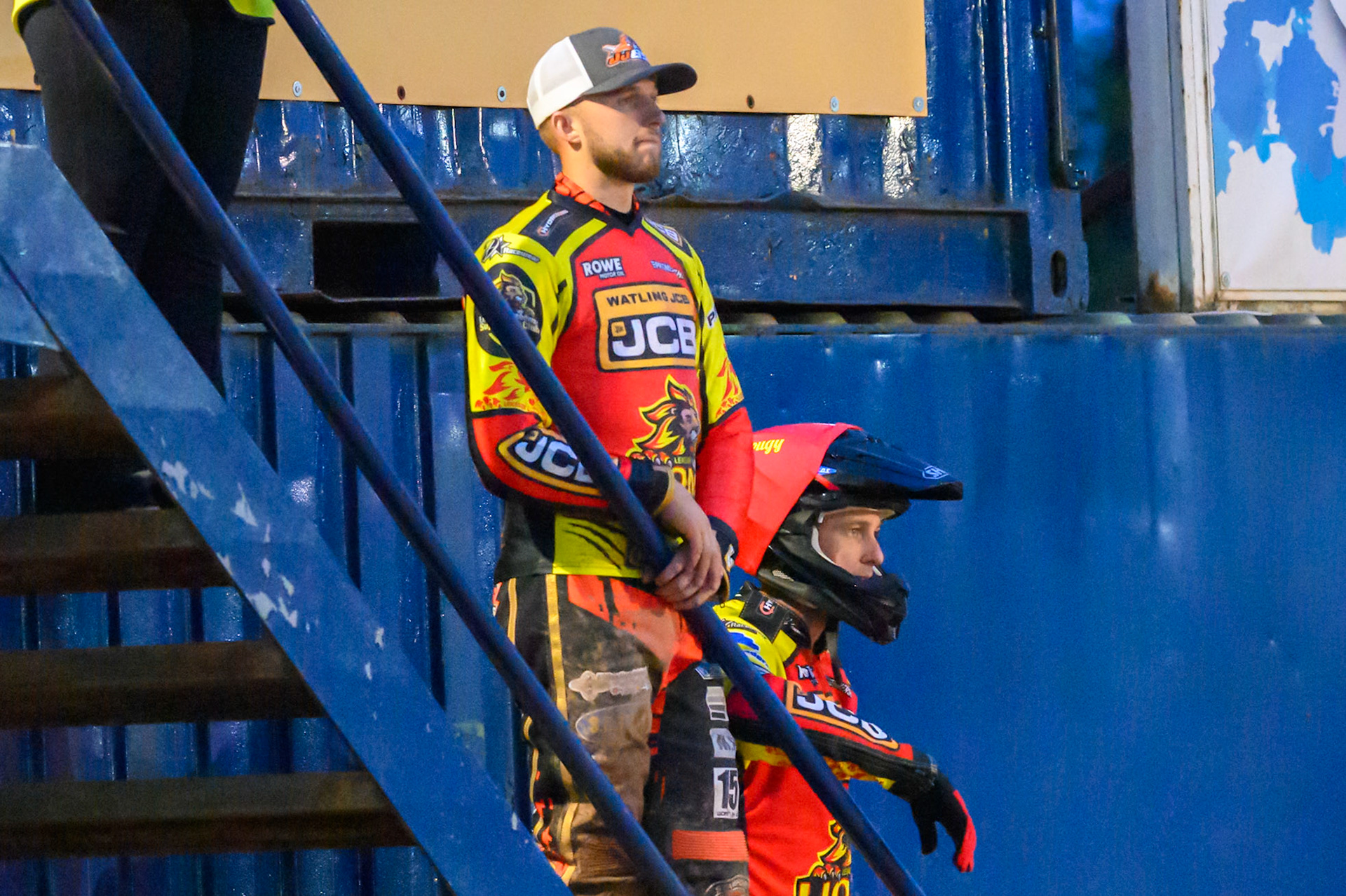 Jordan Jenkins, Guest Rider for Leicester Lions (Left)  and Ryan Douglas of Leicester Lions  watch the next heat during the Rowe Motor Oil Premiership match between Leicester Lions and Belle Vue Aces at the Hydroscan Arena, Leicester on Monday 7th September 2026. (Photo: Ian Charles | MI News)