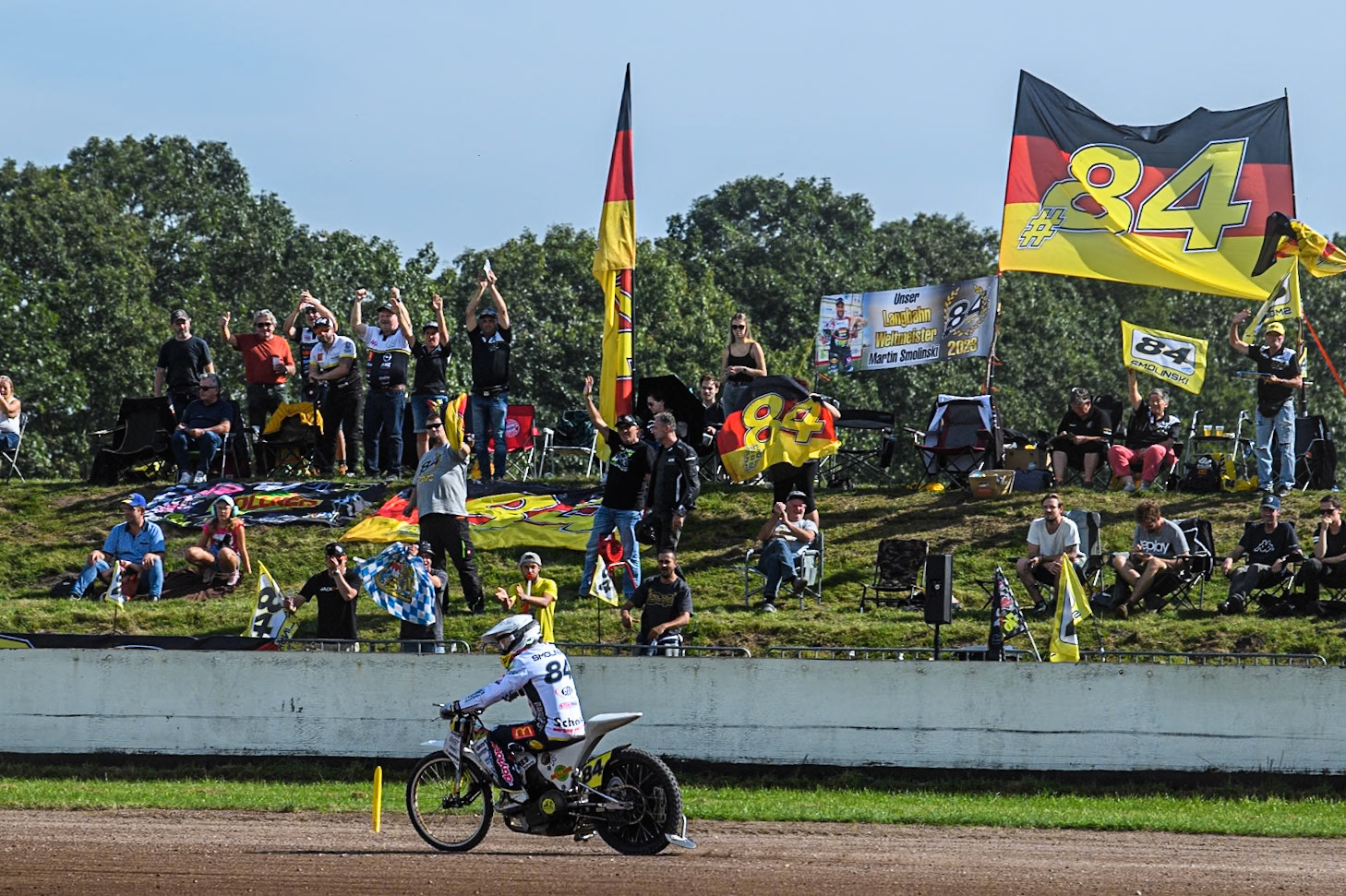 Martin Smolinski (84) of Germany rides past his fans after his heat during the FIM Long Track World Championship Final 5 at the Speed Centre Roden, Roden, Netherlands on Sunday 22nd September 2024. (Photo: Ian Charles | MI News)