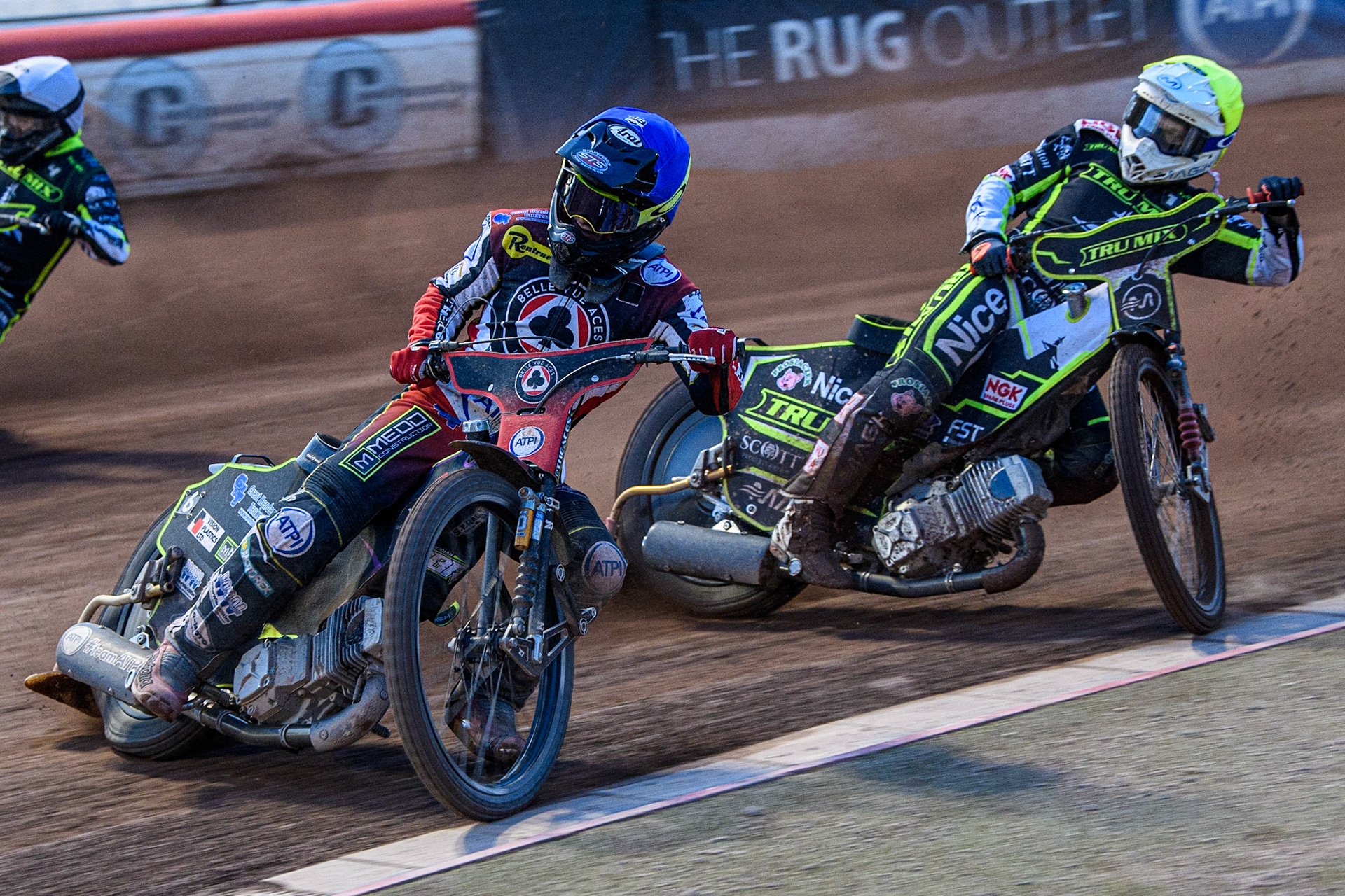 Tom Brennan (Blue) leads Emil Sayfutdinov (Yellow) during the Sports Insure Premiership match between Belle Vue Aces and Ipswich Witches at the National Speedway Stadium, Manchester on Monday 17th July 2023. (Photo: Ian Charles | MI News)