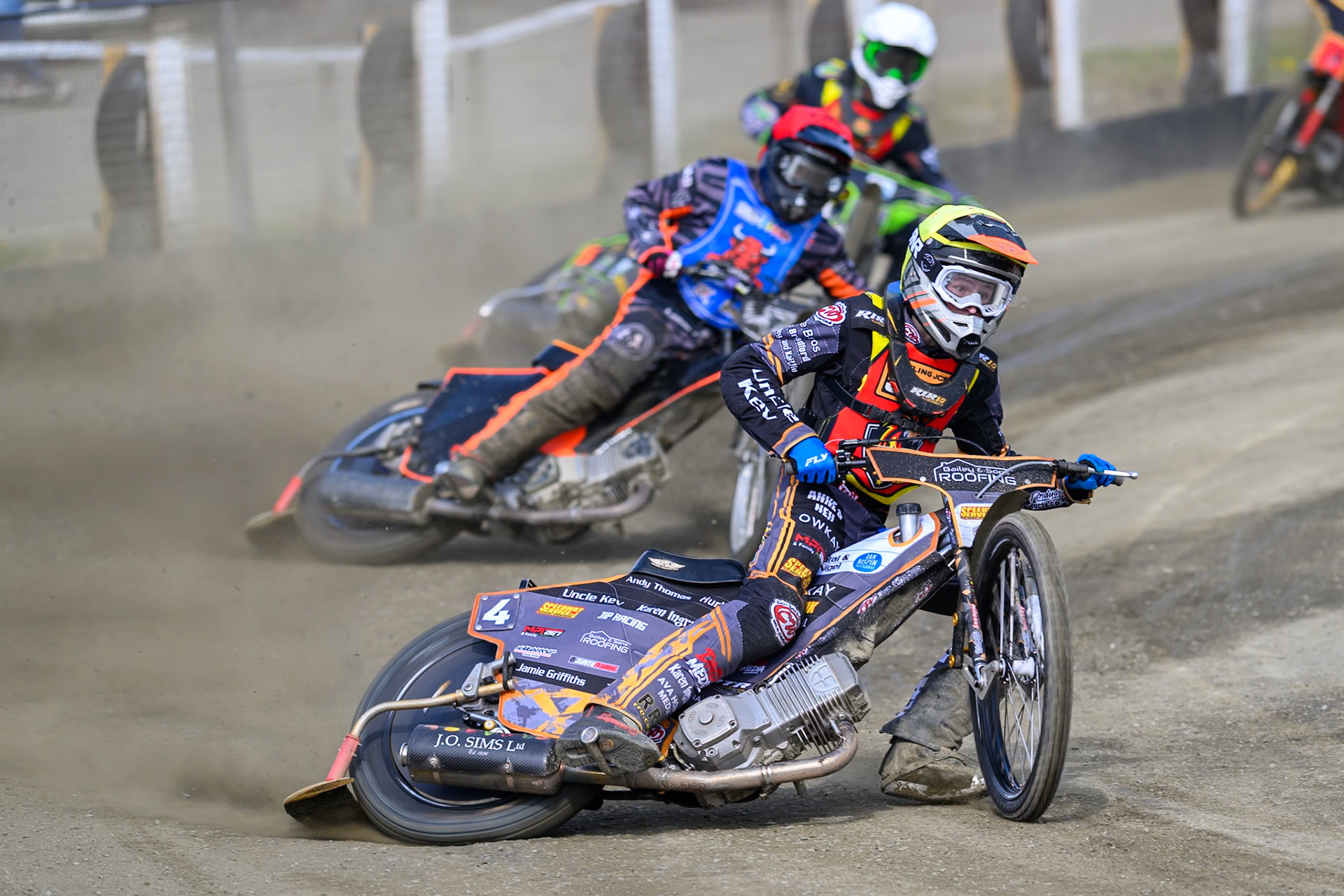 Ryan Ingram of Leicester Lion Cubs  in Yellow leading Jack Roberts of Buxton Bulls  in Red and Max Perry of Leicester Lion Cubs   in White during the Challenge match between Buxton Bulls and Leicester Lion Cubs at Hi-Edge Speedway, Buxton on Sunday 26th April 2026. (Photo: Ian Charles | MI News)