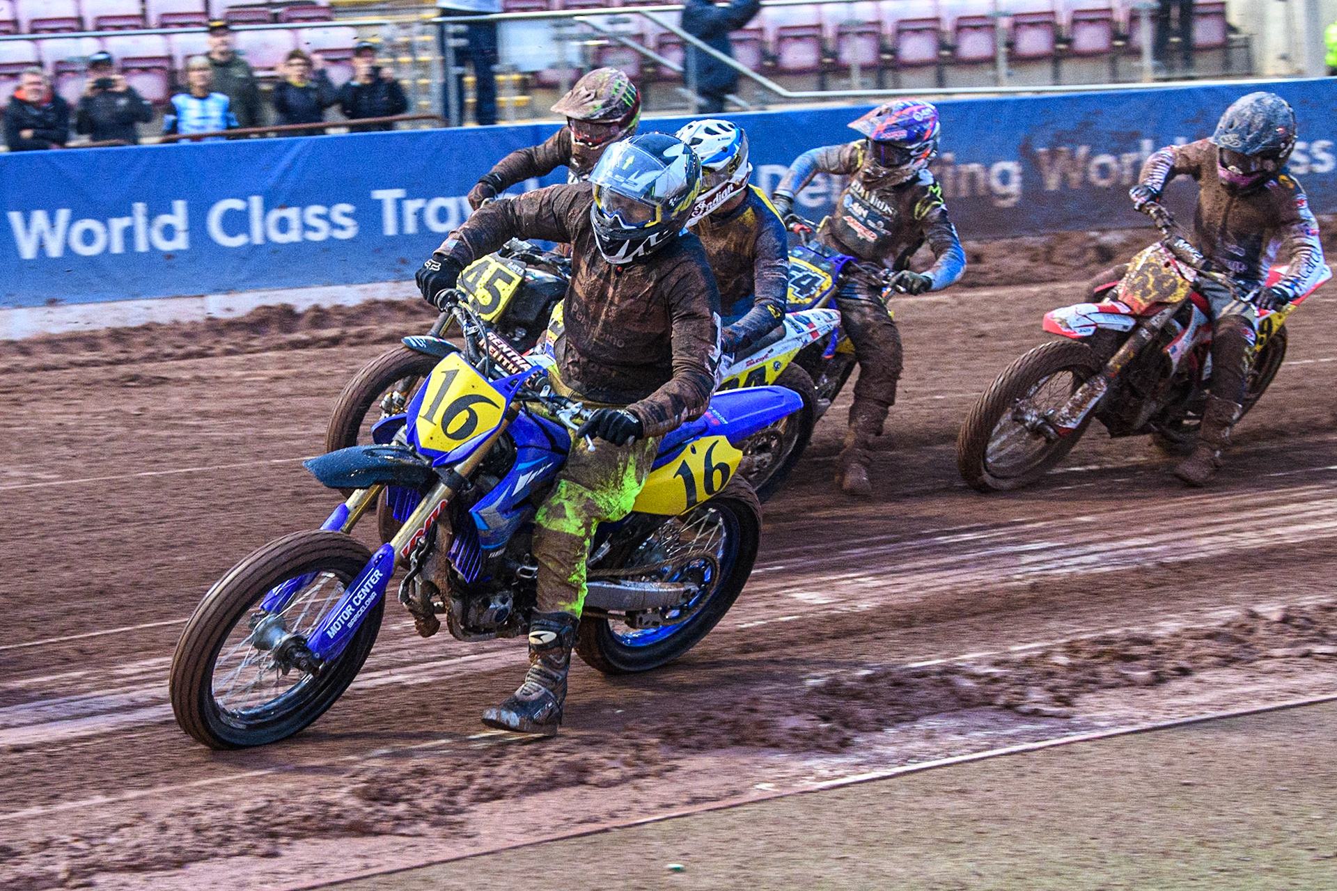 Santagio Arangio (16) from Argentina leads into the turn  during the FIM World Flat Track Championship Round 1 at the National Speedway Stadium, Manchester on Saturday 5th August 2023. (Photo: Ian Charles | MI News)