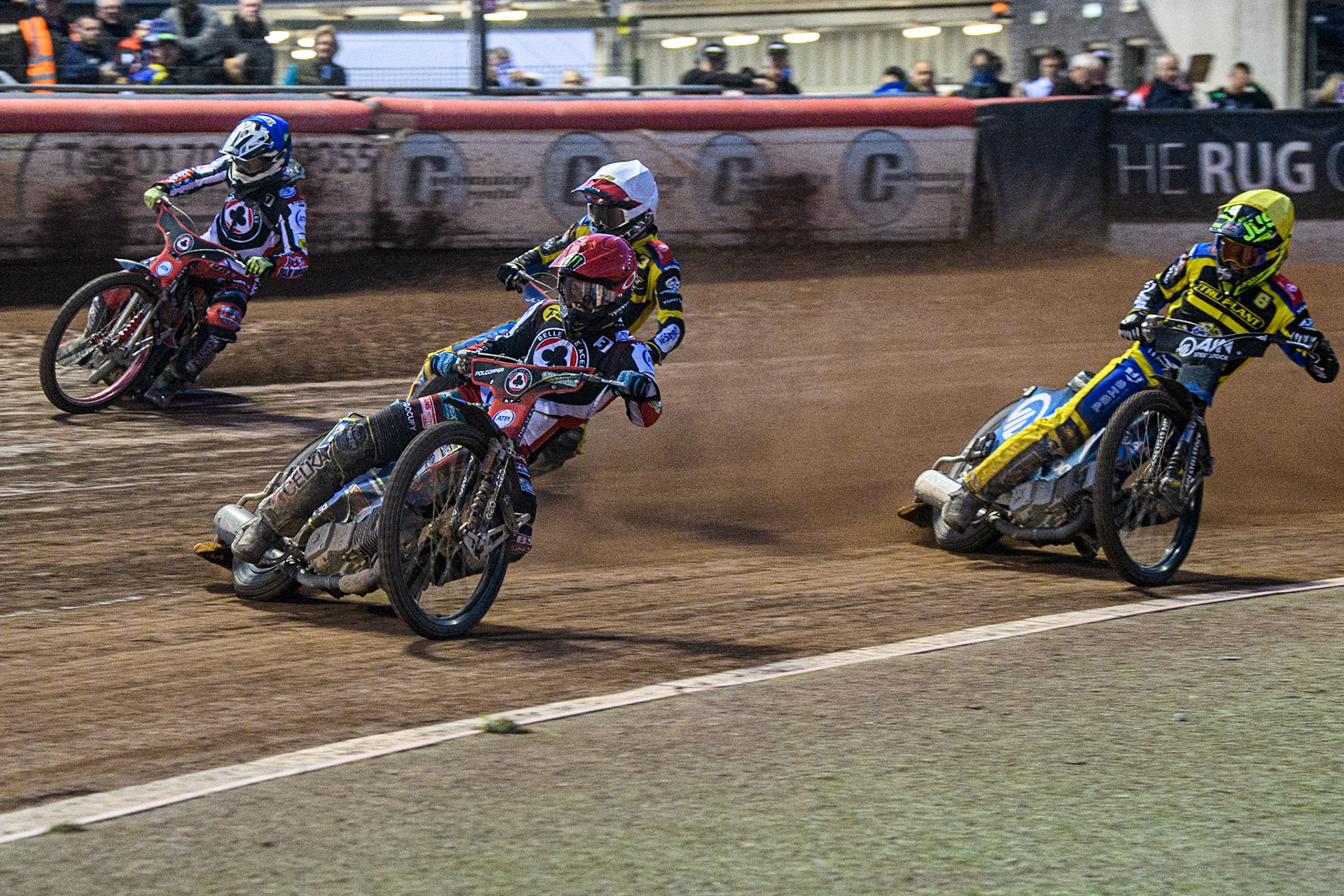 Jaimon Lidsey (Red) leads Connor Bailey (Blue) Adam Ellis (White) and Lewis Kerr  (Yellow) during the Sports Insure Premiership match between Belle Vue Aces and Sheffield Tigers at the National Speedway Stadium, Manchester on Monday 7th August 2023. (Photo: Ian Charles | MI News)