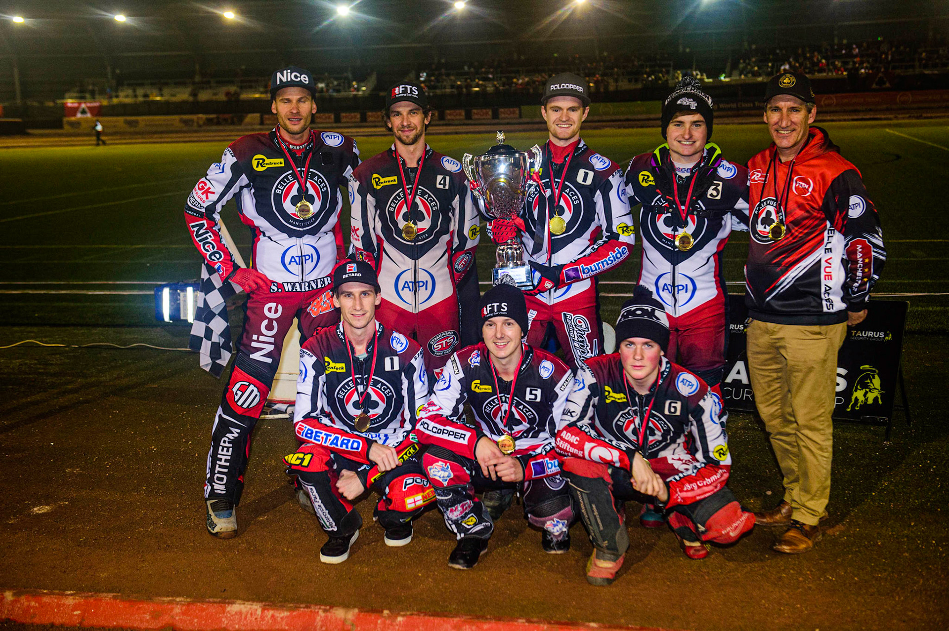 The Belle Vue Aces with their Premiership Trophy: Rear (l - r) Matej Zagar, Charles Wright, Brady Kurtz, Tom Brennan, Mark Lemon (manager), Kneeling: Max Fricke, Jye Etheridge, Norick Blodorn  during the Grant Henderson Pairs at the National Speedway Stadium, Manchester on Thursday 27th October 2022. (Credit: Ian Charles | MI NEWS)