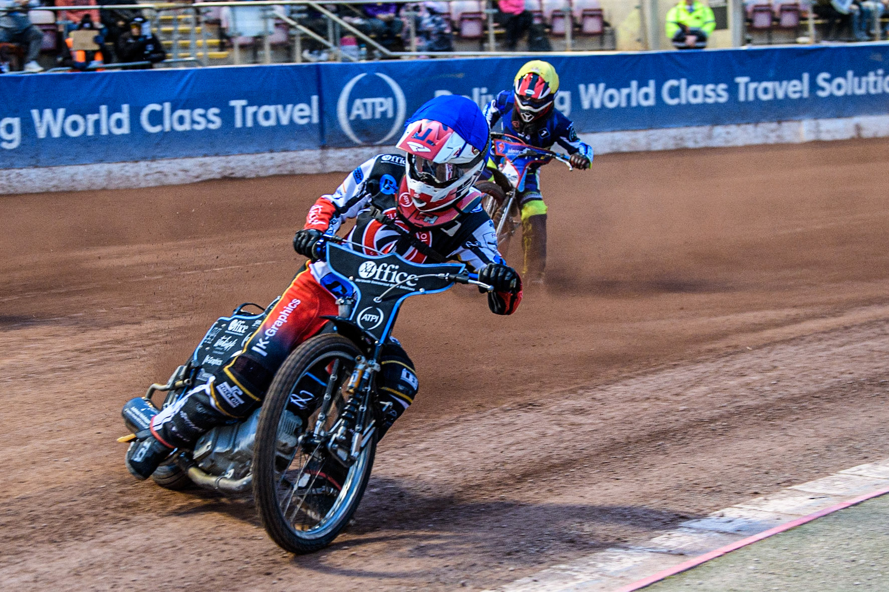 Freddy Hodder  (Blue) leads Jacob Fellows (Yellow) during the National Development League match between Belle Vue Colts and Oxford Chargers at the National Speedway Stadium, Manchester on Friday 12th May 2023. (Photo: Ian Charles | MI News)