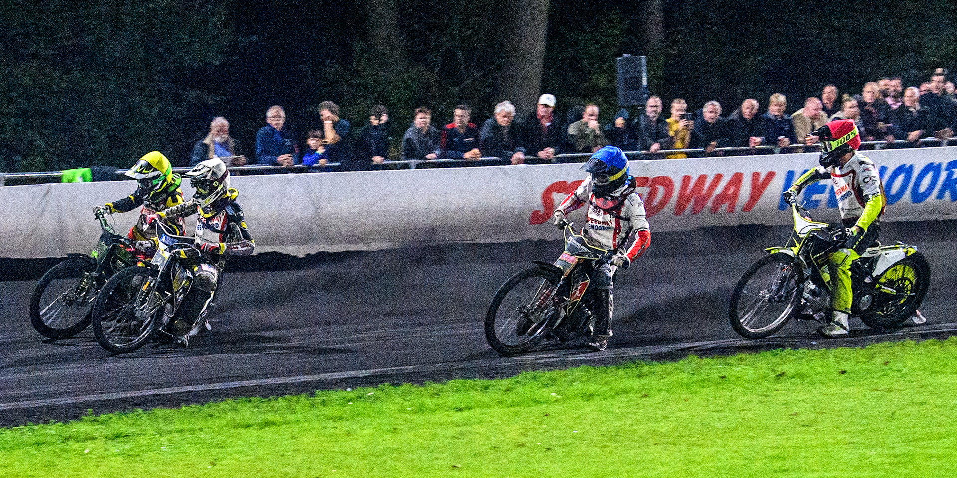Final2: Damirs Filimonov of Latvia in Yellow rides outside Mika Meijer of The Netherlands in White with Patrick Baek of Denmark in Blue and Lars Skupien of Poland in Red behind  during the Golden JOPA Helmet at Sportpark Veenoord, Veenoord, Netherlands on Saturday 21st September 2024. (Photo: Ian Charles | MI News)