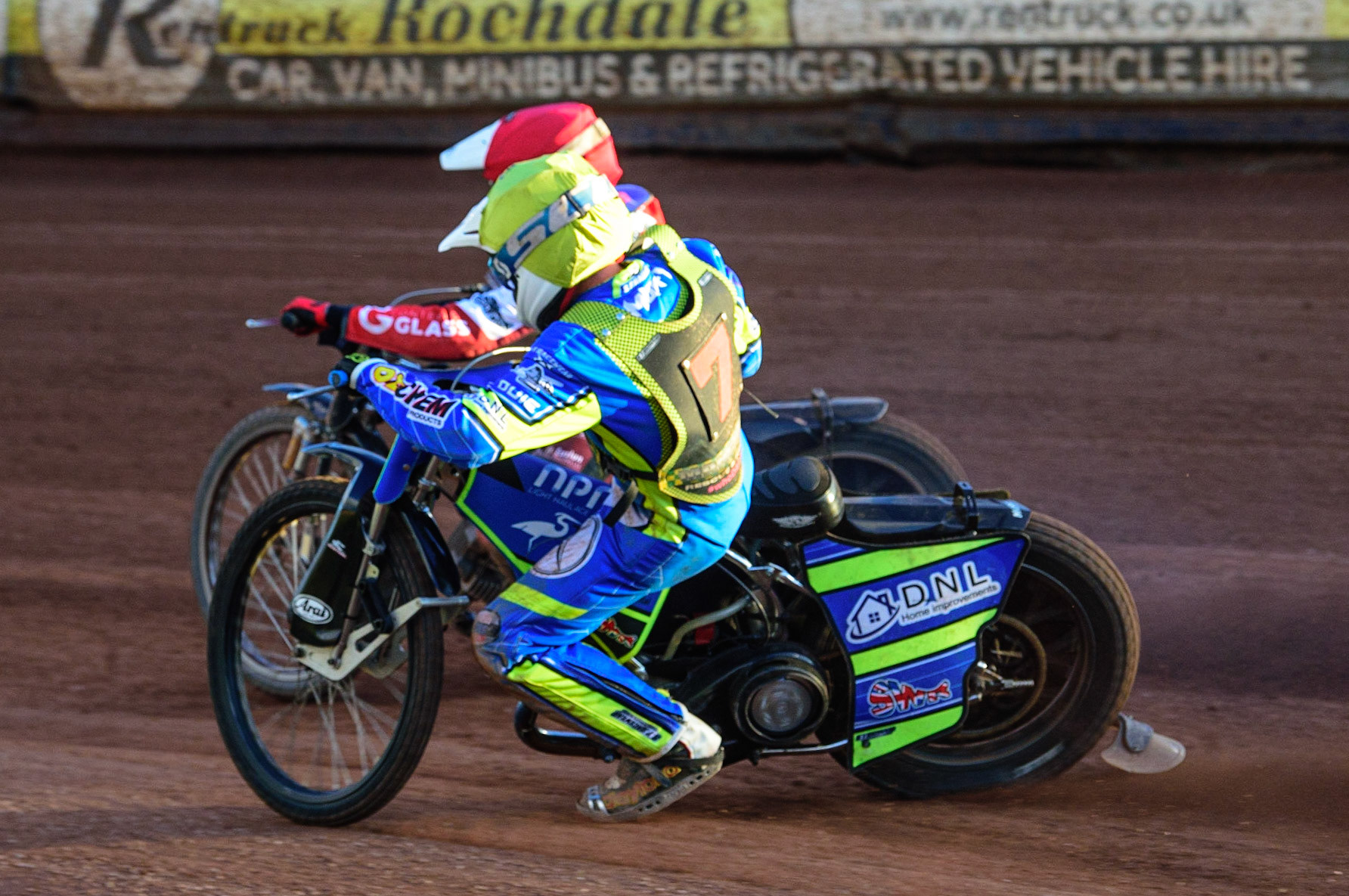 Luke Muff (Yellow) inside Sam McGurk  (Red)during the National Development League match between Belle Vue Colts and Mildenhall Fens Tigers at the National Speedway Stadium, Manchester on Friday 15th July 2022. (Credit: Ian Charles | MI News)