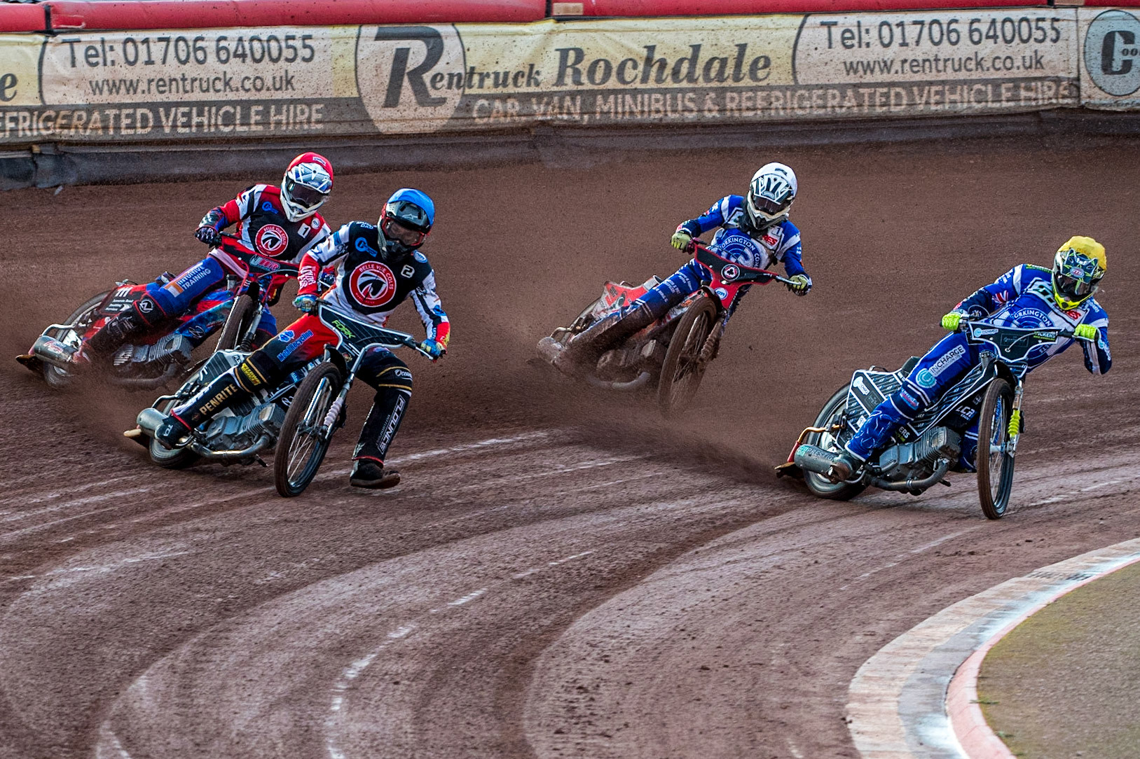 Matt Marson (Blue) and Luke Crang (Yellow) lead Jacob Hook (Red) and Connor Bailey (White) during the National Development League match between Belle Vue Colts and Workington Comets at the National Speedway Stadium, Manchester on Friday 25th August 2023. (Photo: Ian Charles | MI News)