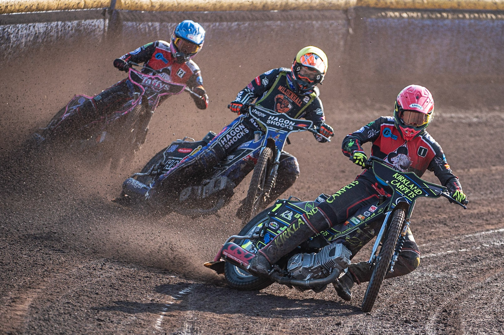 Photo by Ian Charles:

BELLE VUE v MILDENHALL 
Kyle Bickley  (Red) leads Jason Edwards (Yellow) and Leon Flint (Blue)


National League Best pairs Championship, Owlerton Stadium, Sheffield, 25 August 2019