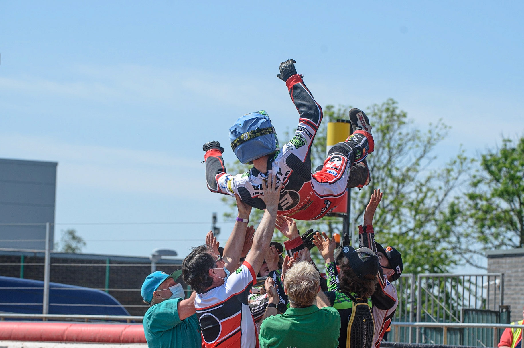 MANCHESTER, UK. MAY 31ST  Dan Bewley  gets the bumps after his first maximum of the season as Belle Vue BikeRight Aces draw 45all with Peterborough Crendon Panthers  during the SGB Premiership match between Belle Vue Aces and Peterborough at the National Speedway Stadium, Manchester on Monday 31st May 2021. (Credit: Ian Charles | MI News)