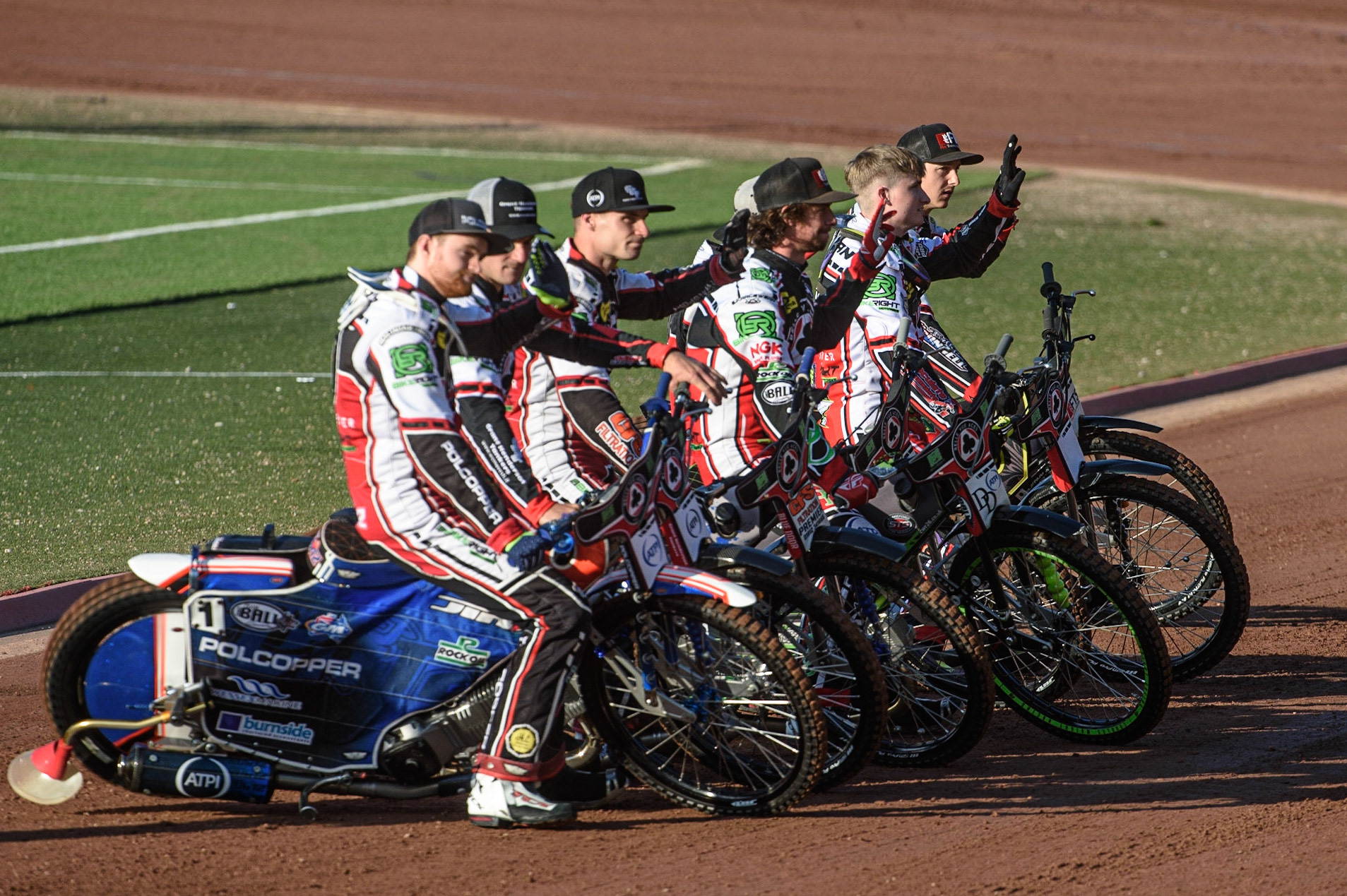 MANCHESTER, UK. JULY 15TH   Belle Vue BikeRight Aces line up for the fans during the SGB Premiership match between Belle Vue Aces and Wolverhampton Wolves at the National Speedway Stadium, Manchester on Thursday 15th July 2021. (Credit: Ian Charles | MI News)