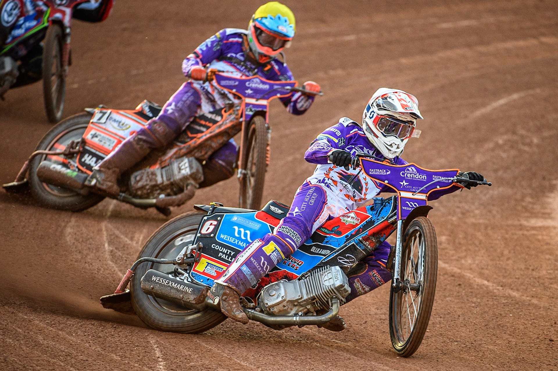 Ben Cook  (White) leads’ team mate Jordan Jenkins (Yellow) during the SGB Premiership match between Belle Vue Aces and Peterborough at the National Speedway Stadium, Manchester on Monday 24th April 2023. (Photo: Ian Charles | MI News)