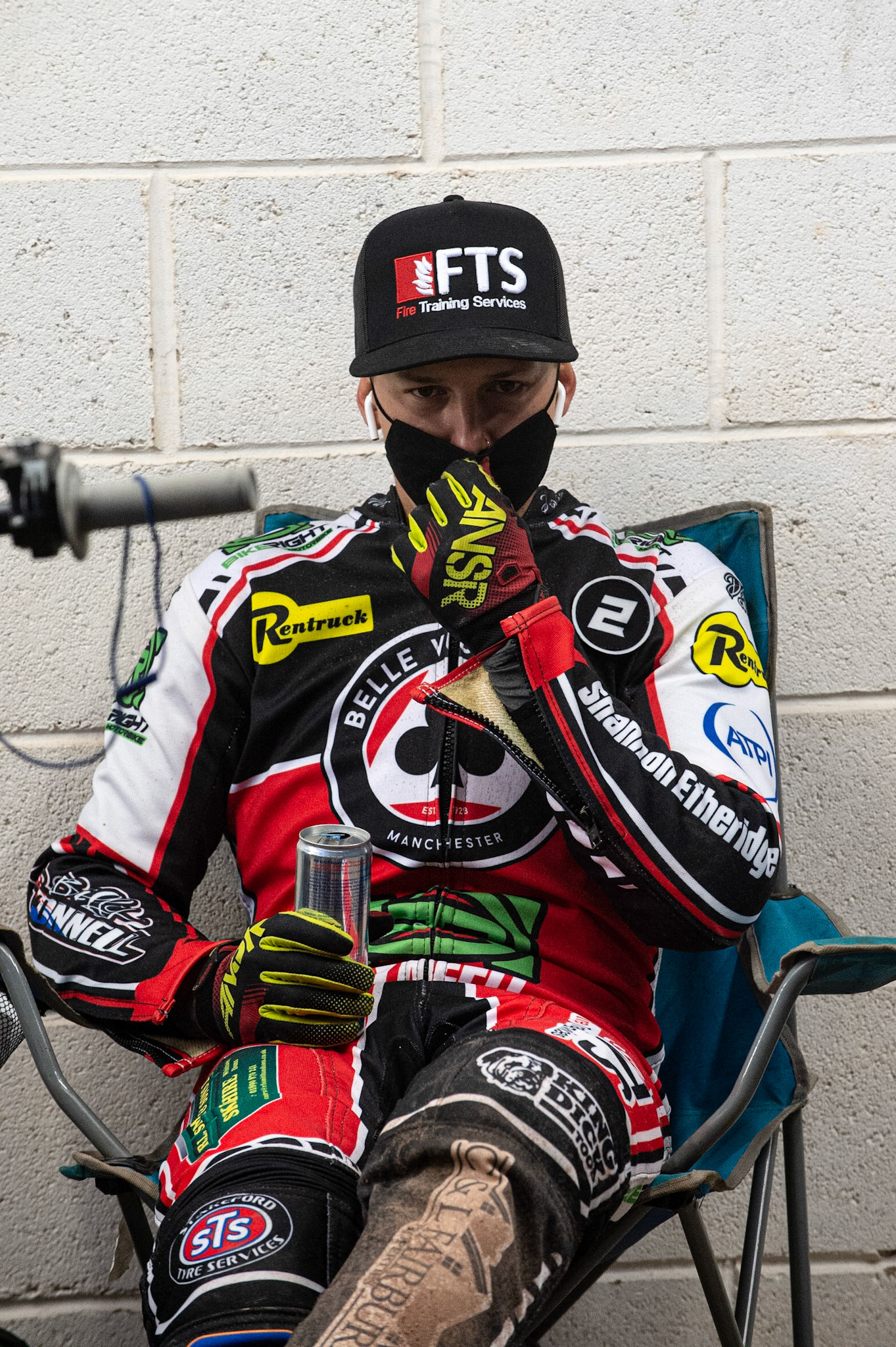 Photo: Ian CharlesJye Etheridge of Belle Vue 'BikeRight' Aces relaxes in the pitsBelle Vue ‘Bikerite ’Aces v ‘ATPI’ All Stars, Premiership Challenge, National Speedway Stadium, Manchester Thursday  24  September  2020